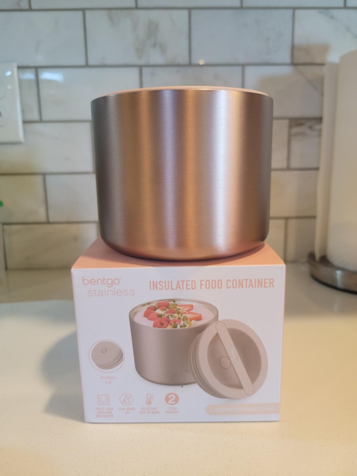 Bentgo Stainless Insulated Food Container - 2.4 Cups (19 oz), Triple-Layer Insulation, Vacuum Seal, Leak-Proof, Built-In Handle, Wide Opening, Premium Stainless Steel, for Cool/Warm Foods (Rose Gold) customer photo 2