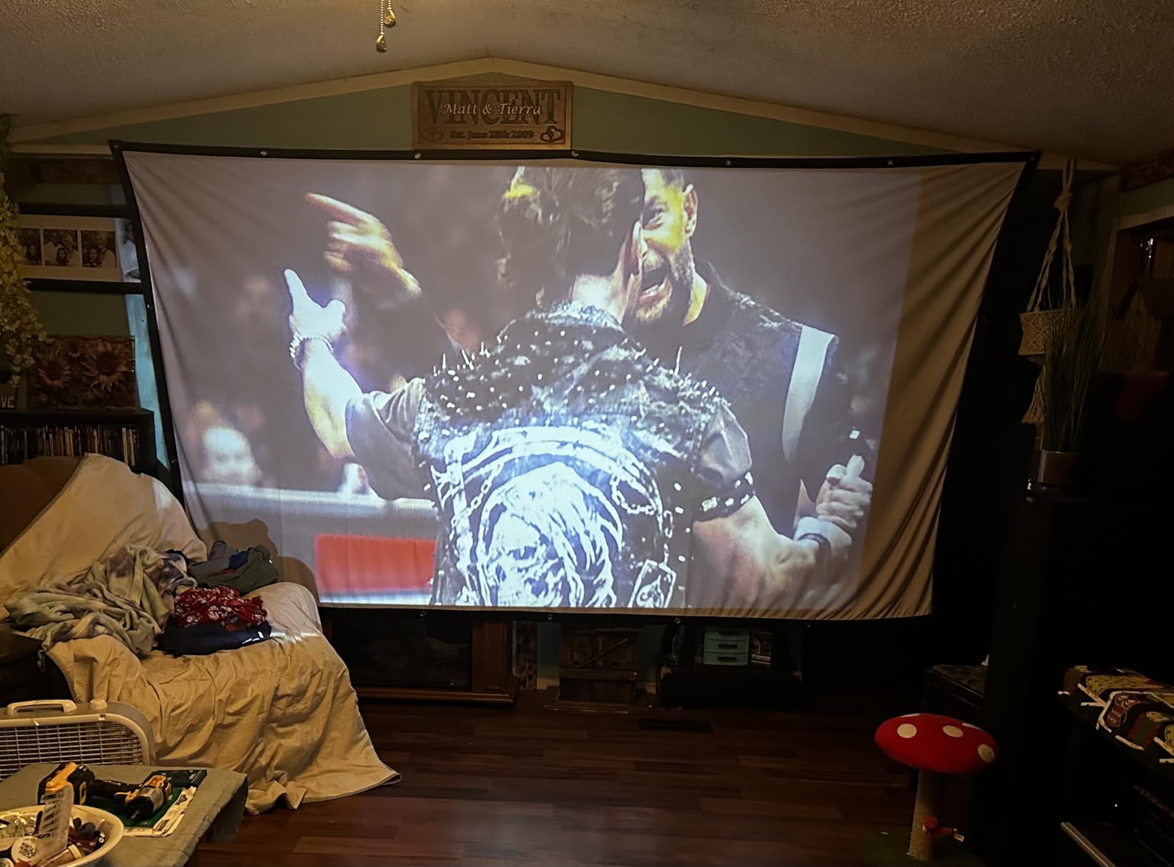 AAJK Outdoor Projector Screen 150 inch, Washable Projector Screen 16:9 Foldable Anti-Crease Portable Projector Movies Screen for Home Theater Outdoor Indoor Support Double Sided Projection customer photo 2