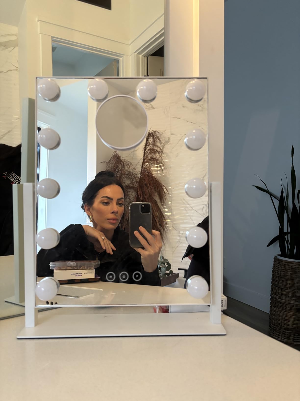 Kotdning Vanity Mirror with Lights,Lighted Vanity Mirror with 9 Dimmable Bulbs for Dressing Room & Bedroom,3 Color Lighting,Modes Detachable 10x Magnification 360 degreeRatation(White) 12