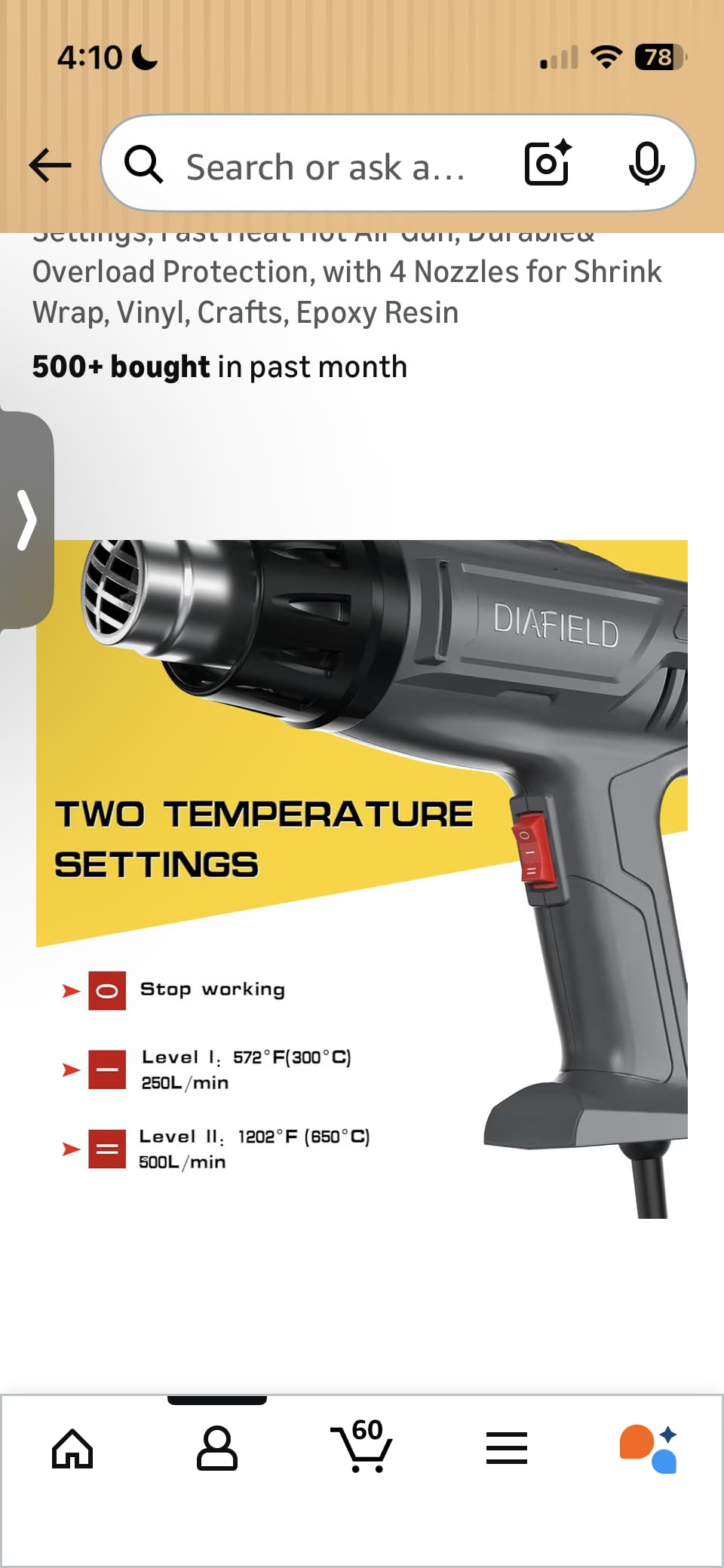 DIAFIELD 1850W Heat Gun, Dual Temperature Settings, Fast Heat Hot Air Gun with 4 Nozzles for Shrink Wrap, Vinyl, Crafts customer photo 1