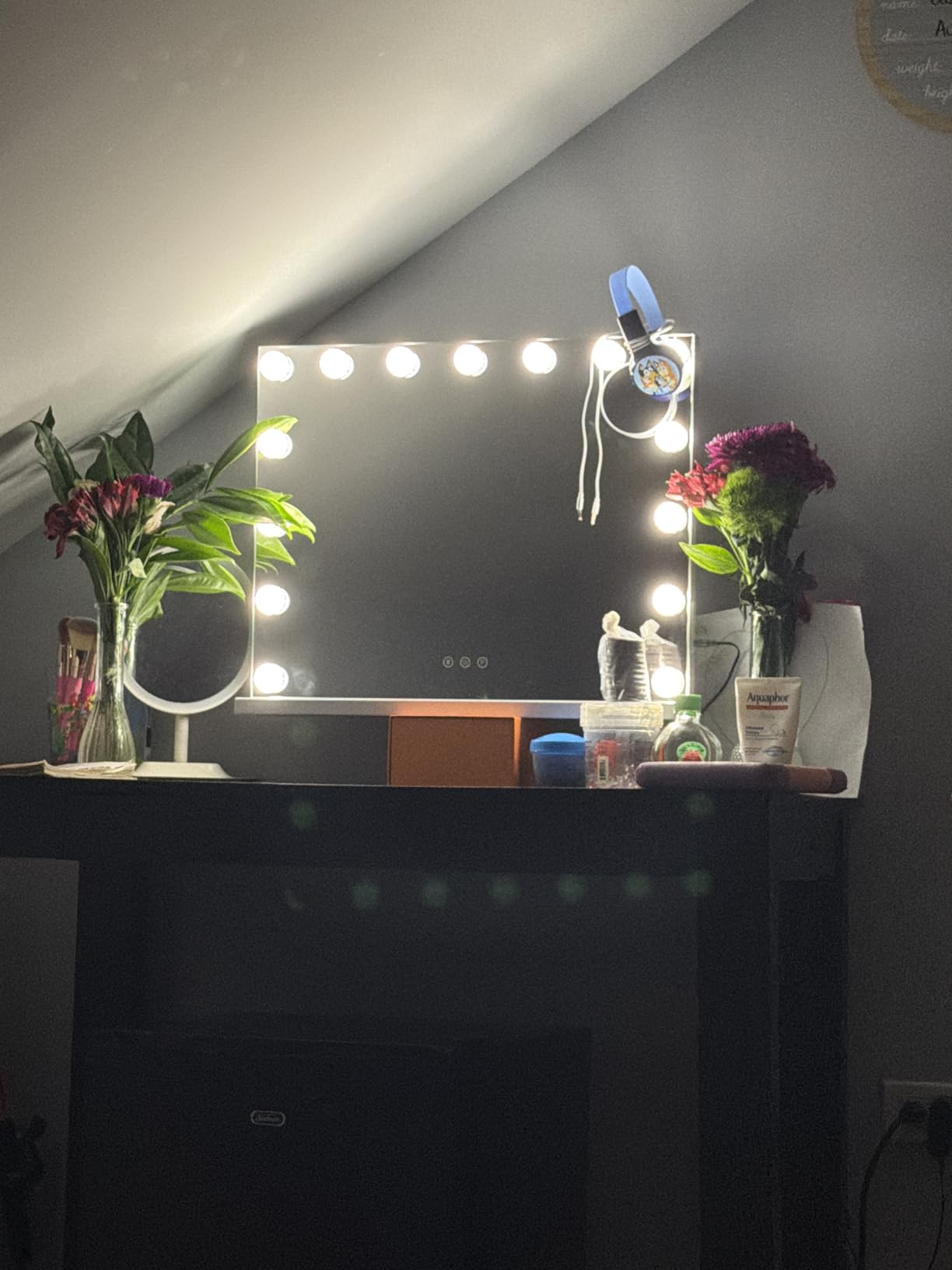 M MIVONDA Hollywood Vanity Mirror with Dimmable 15LED Bulbs Lights 3 Lighting Modes 2in1 Large Lighted Makeup Mirror for Desk and Wall with Plug-in and USB Charger Port customer photo 1