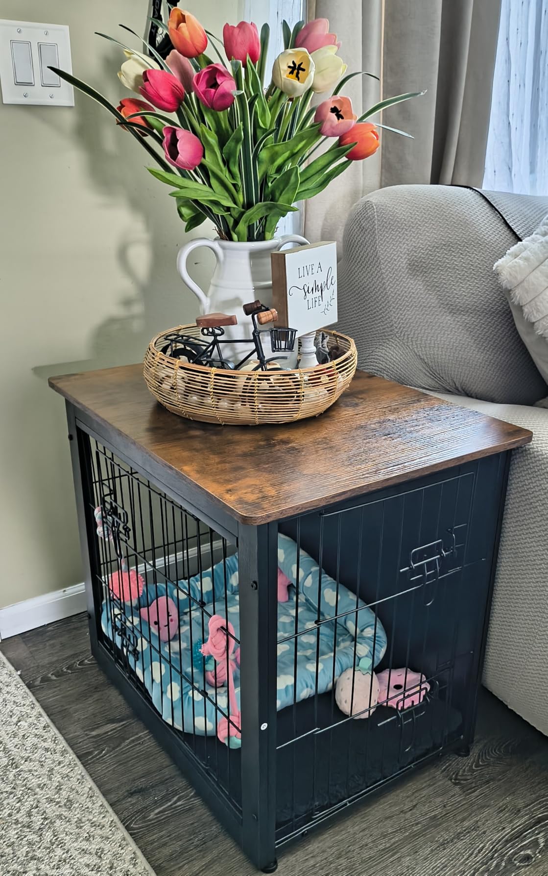 DWANTON Dog Crate Furniture with Cushion, Wooden Kennel Table with Double Doors, Indoor Dog House, Medium Size, 32.5