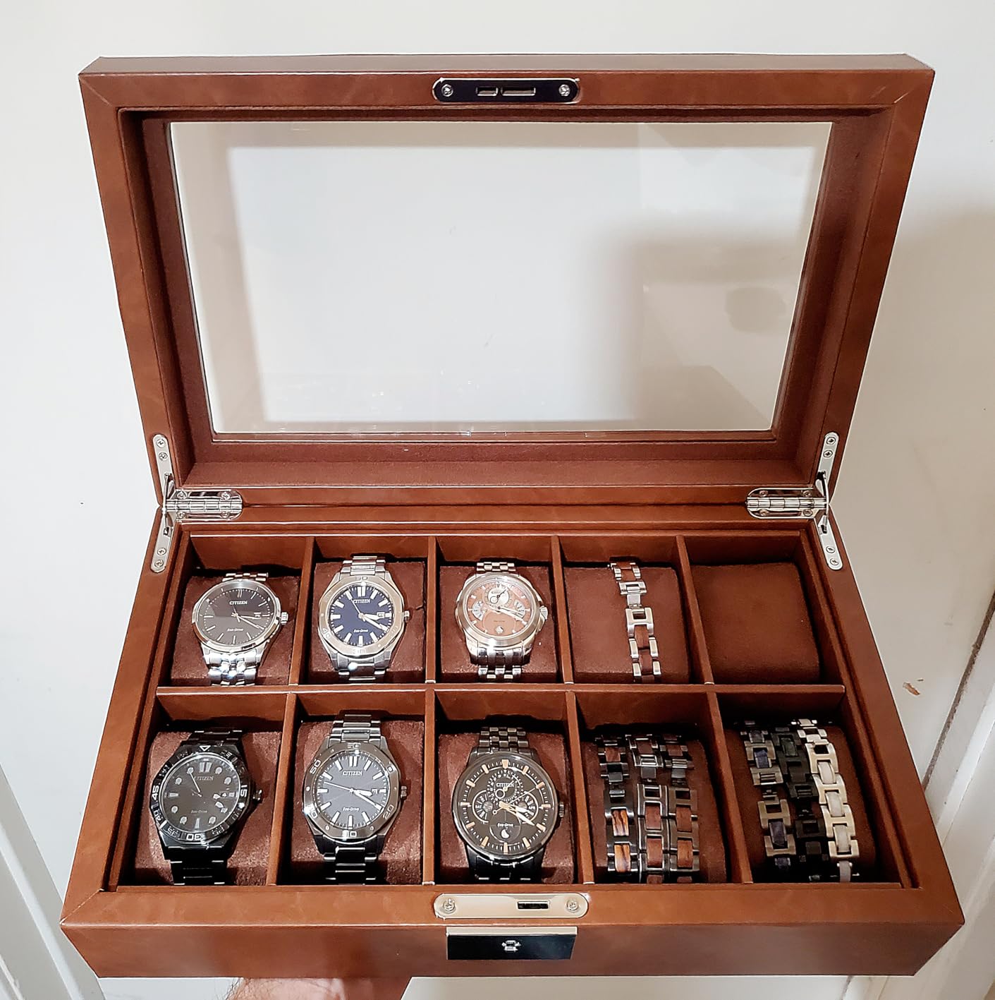 ROTHWELL 10 Slot Leather Watch Box - Luxury Case Display Jewelry Organizer - Locking Watch Display Case with Large Glass Top customer photo 1