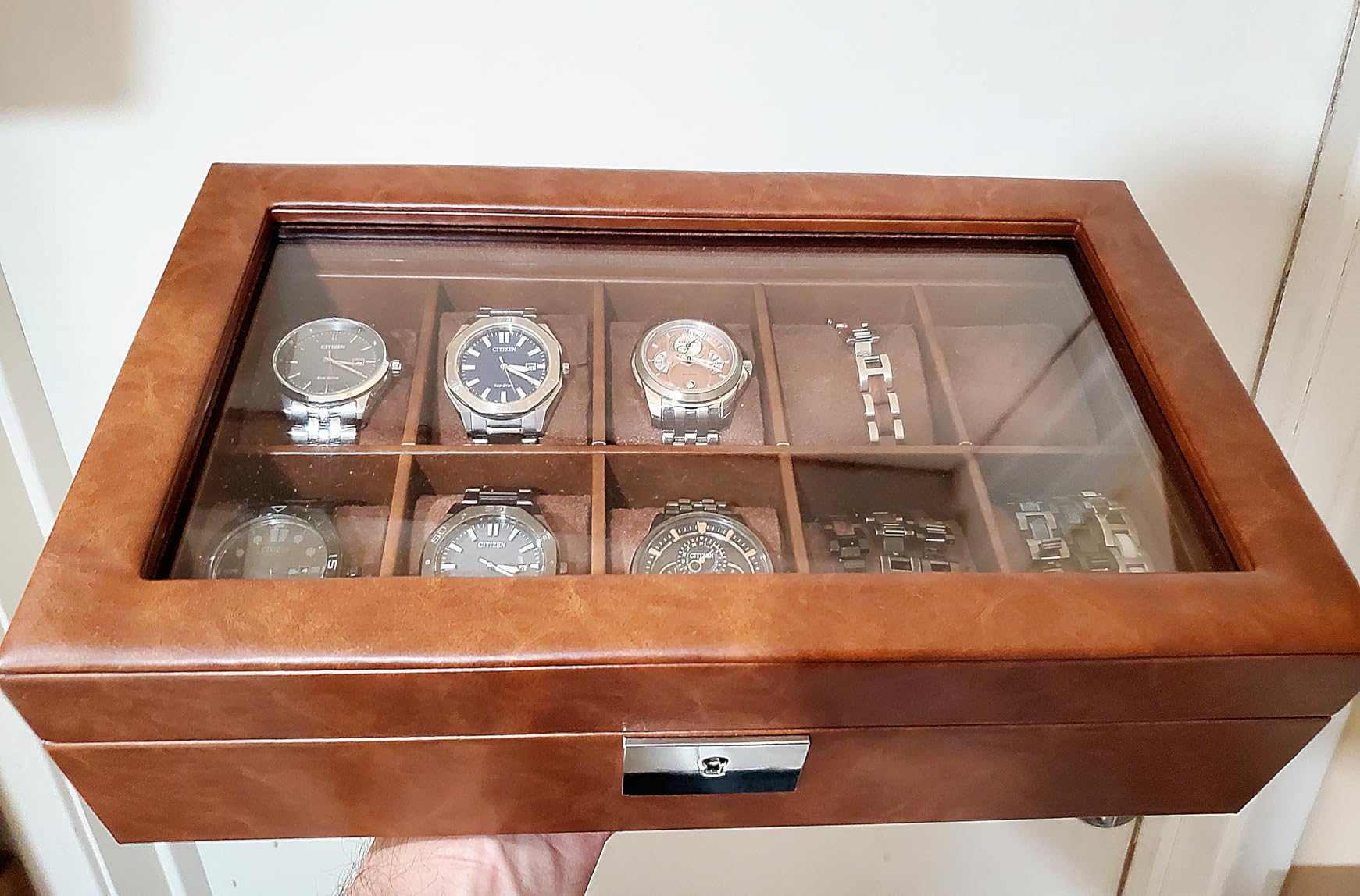 ROTHWELL 10 Slot Leather Watch Box - Luxury Case Display Jewelry Organizer - Locking Watch Display Case with Large Glass Top customer photo 2
