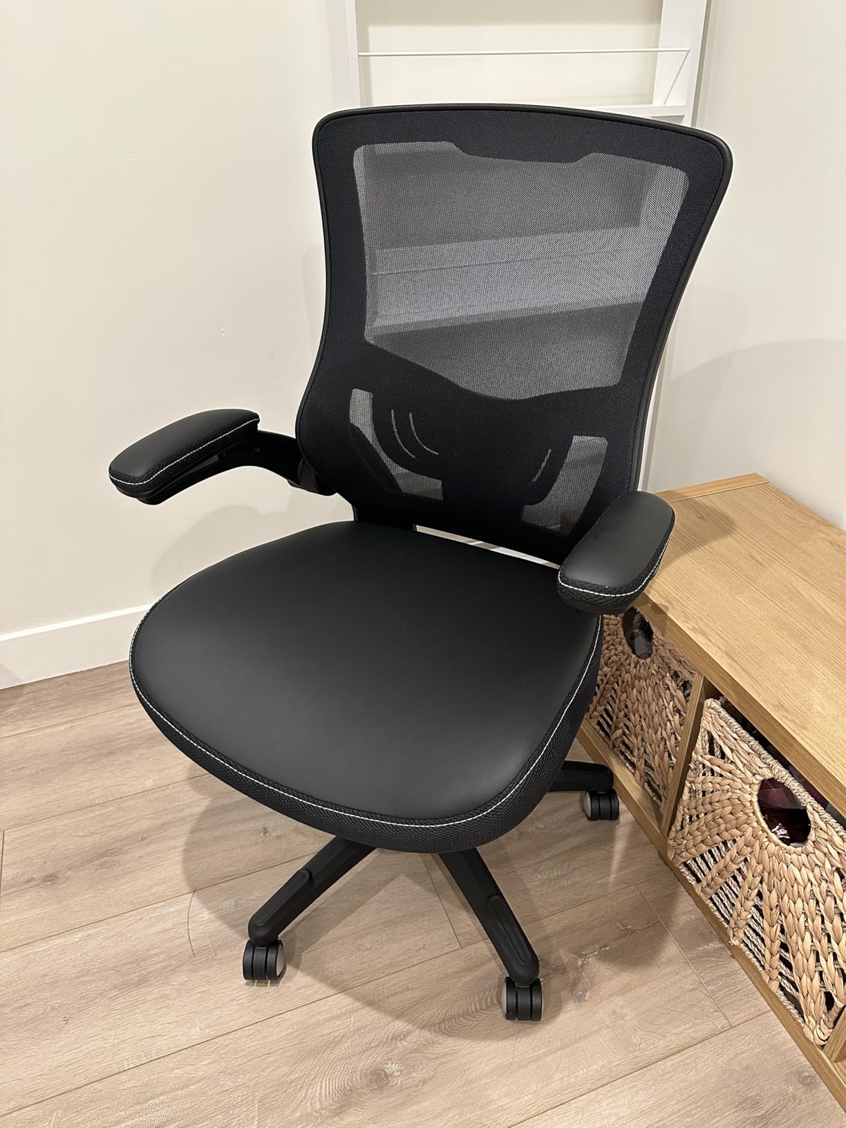Office Chair Ergonomic Desk Chair, Computer PU Leather Home Office Chair, Swivel Mesh Back Adjustable Lumbar Support Flip-up Arms customer photo 2