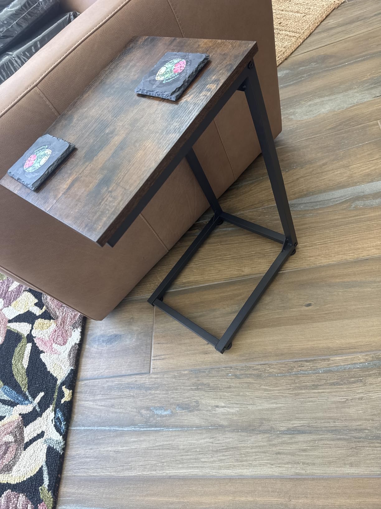 AMHANCIBLE C Shaped End Table Set of 2, Couch Side Table that Slide Under Sofa, Narrow Small Space TV Trays for Living Room, Bedroom, Rustic Brown HET02CBR customer photo 1