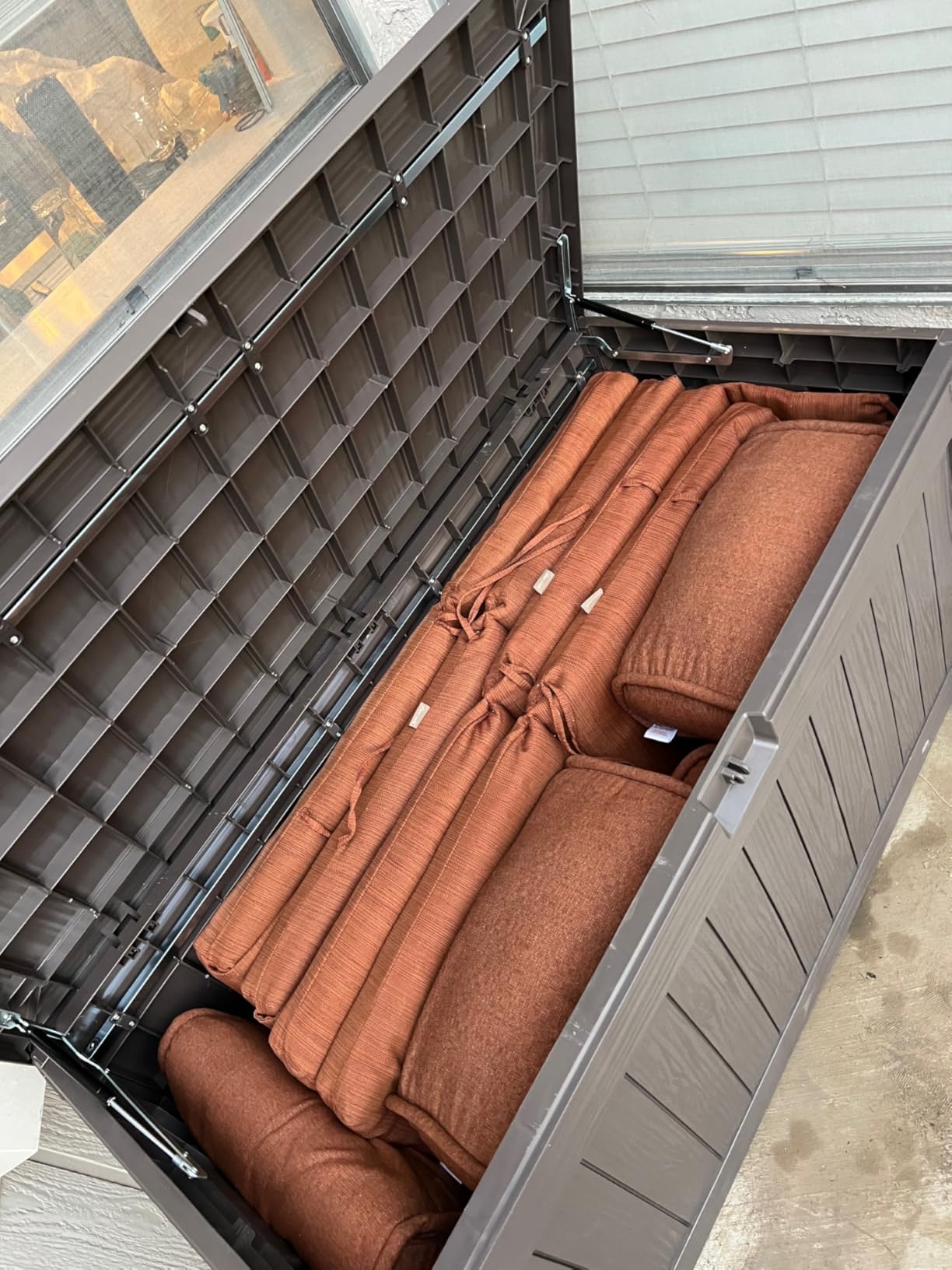 Flamaker Resin Deck Box 120 Gallon Waterproof Large Outdoor Indoor Storage Box Imitation Wood Resin for Patio Furniture Garden Tools and Pool customer photo 1