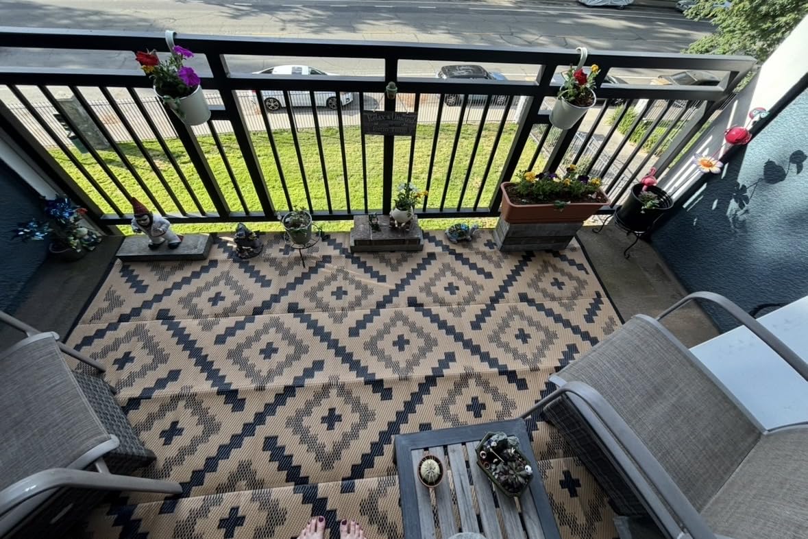 GENIMO Outdoor Rug for Patio 5'x8' Waterproof Mat, Reversible Plastic Camping Rugs, RV, Porch, Deck, Camper, Balcony, Backyard, Black & Gray customer photo 2