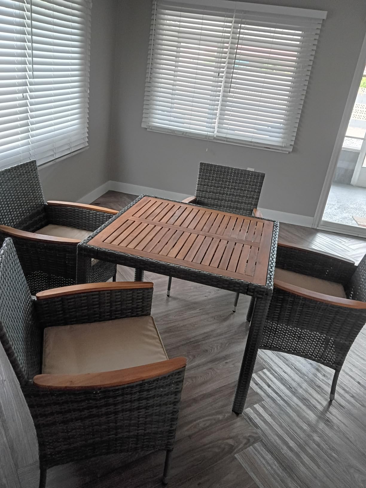 Devoko Dining 7 PCS Furniture, Patio Conversation Set with Acacia Wood Table Top, Outdoor, Beige Cushion and Black Rattan customer photo 1