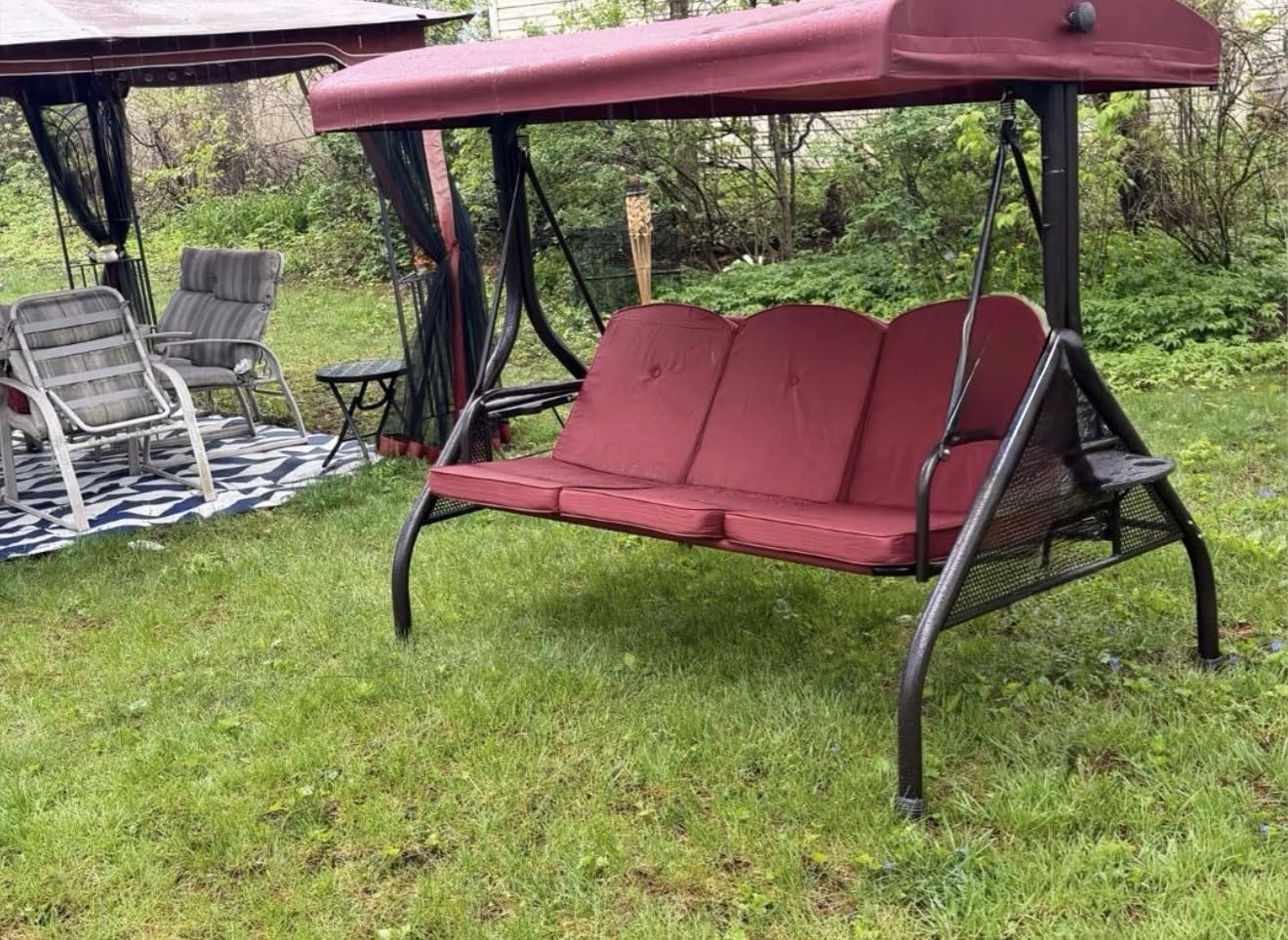 HOMREST 3 Seat Outdoor Porch Swing with Adjustable Canopy, Convertible Patio Swing Bed with Stand, Patio Glider Swing with Upgraded Cup Holder, Thicken Cushions & Pillow for Backyard(Wine Red) customer photo 1