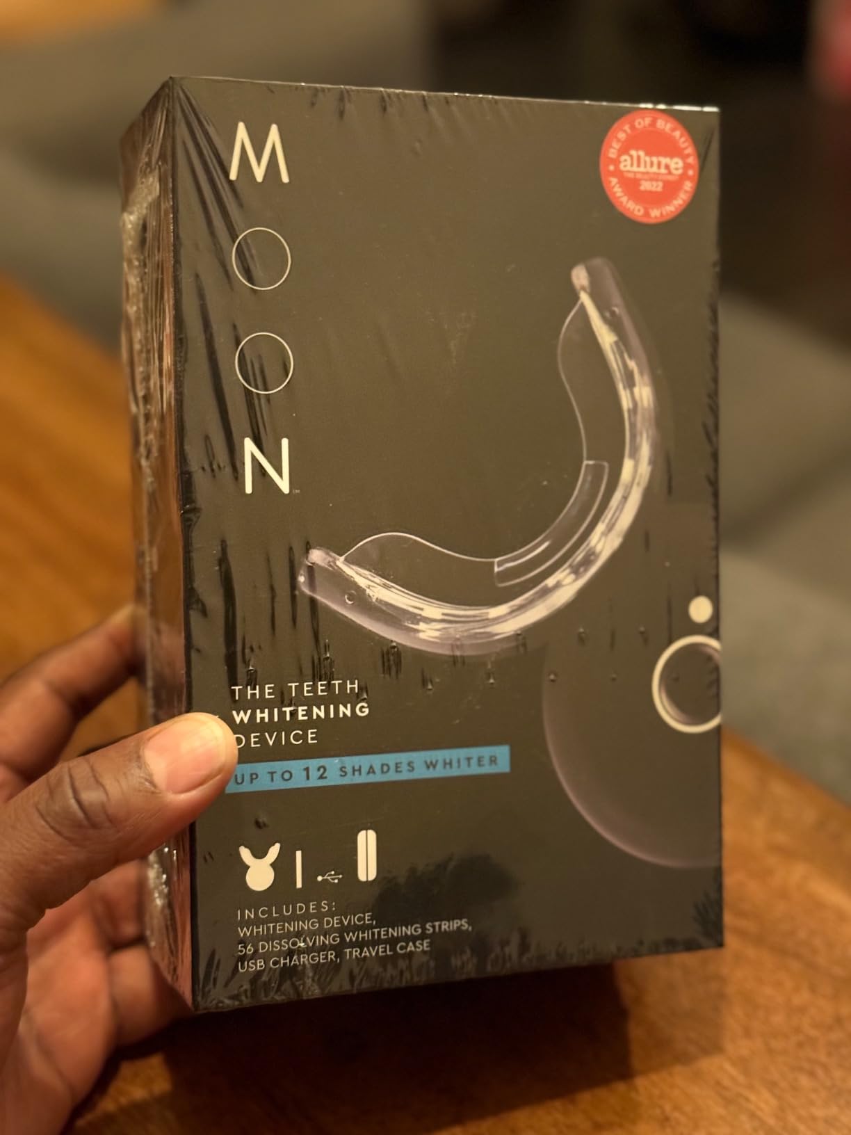 MOON Teeth Whitening Kit, LED Light Teeth Whitener Device, 56 White Strips, USB Charger & Travel Case, Blue Light Whitening Tray Removes Stains & Whitens Up to 12 Shades in 2 Weeks (4 Piece Kit) customer photo 2