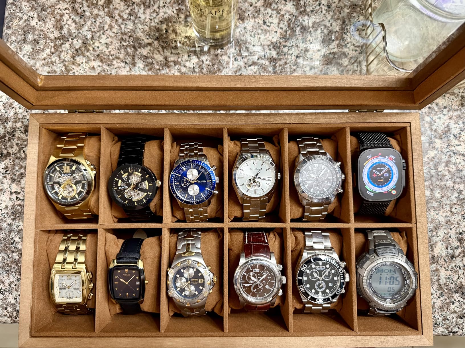SONGMICS 12-Slot Watch Box, Watch Display Case with Large Glass Lid, Removable Pillows, Velvet Lining, Rustic Walnut customer photo 1