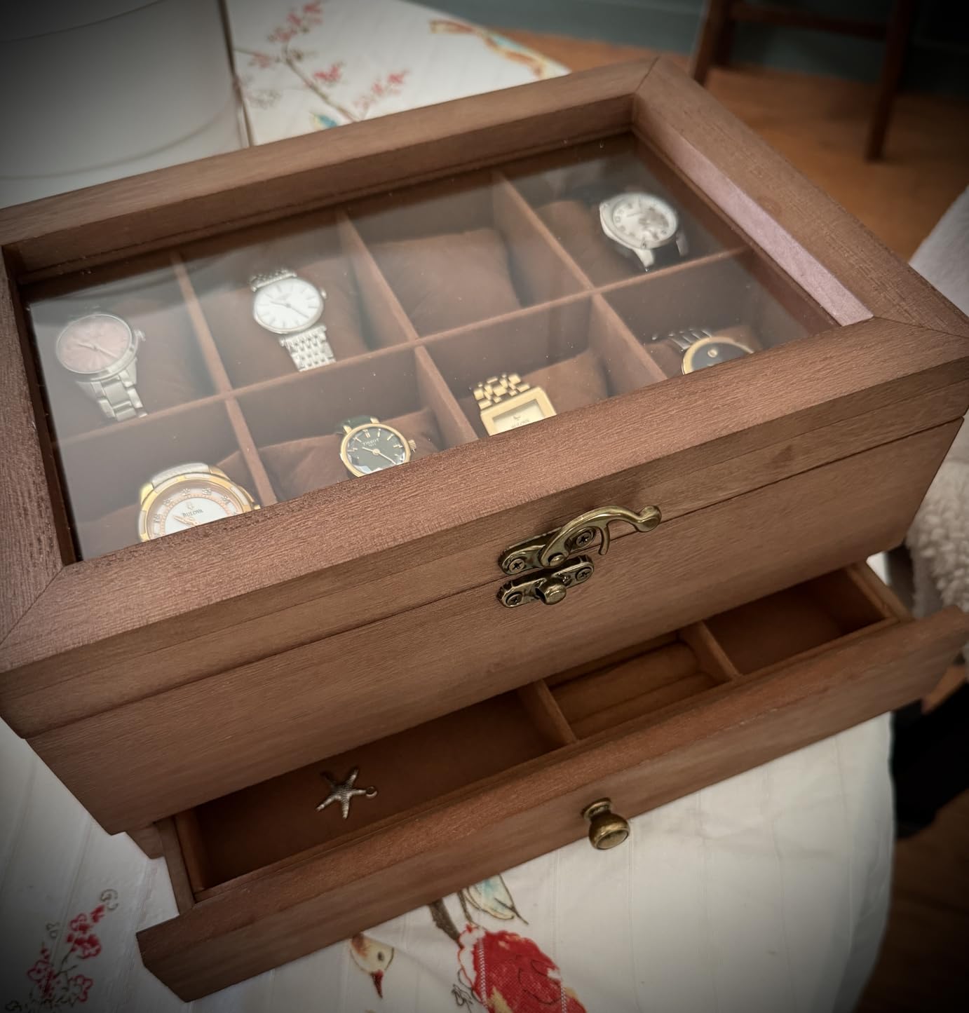 SONGMICS 12-Slot Watch Box, Watch Display Case with Large Glass Lid, Removable Pillows, Velvet Lining, Rustic Walnut customer photo 2