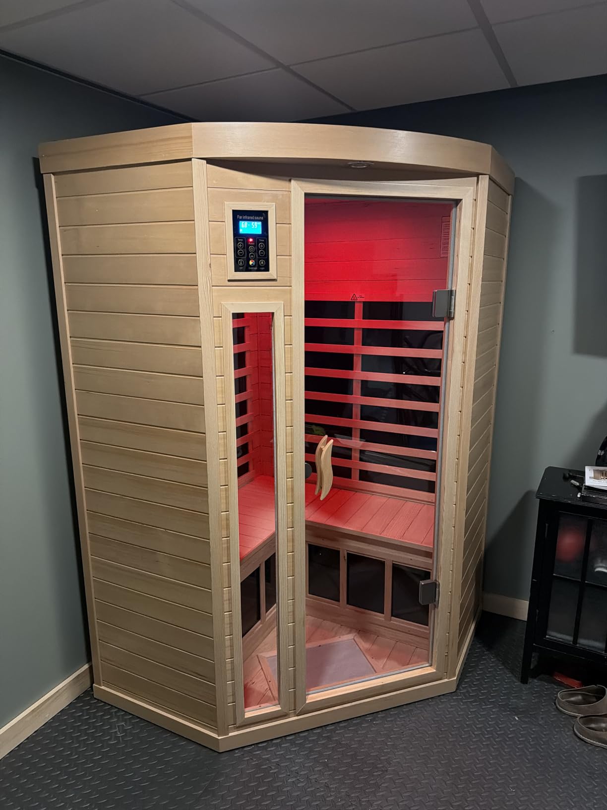 Far Infrared Wooden Sauna Room, 2-3 Person Home Sauna Canadian Hemlock Indoor Corner Sauna Spa, 2 Bluetooth Speakers, 2 LED Reading Lamp, 3 Chromotherapy Lights customer photo 1