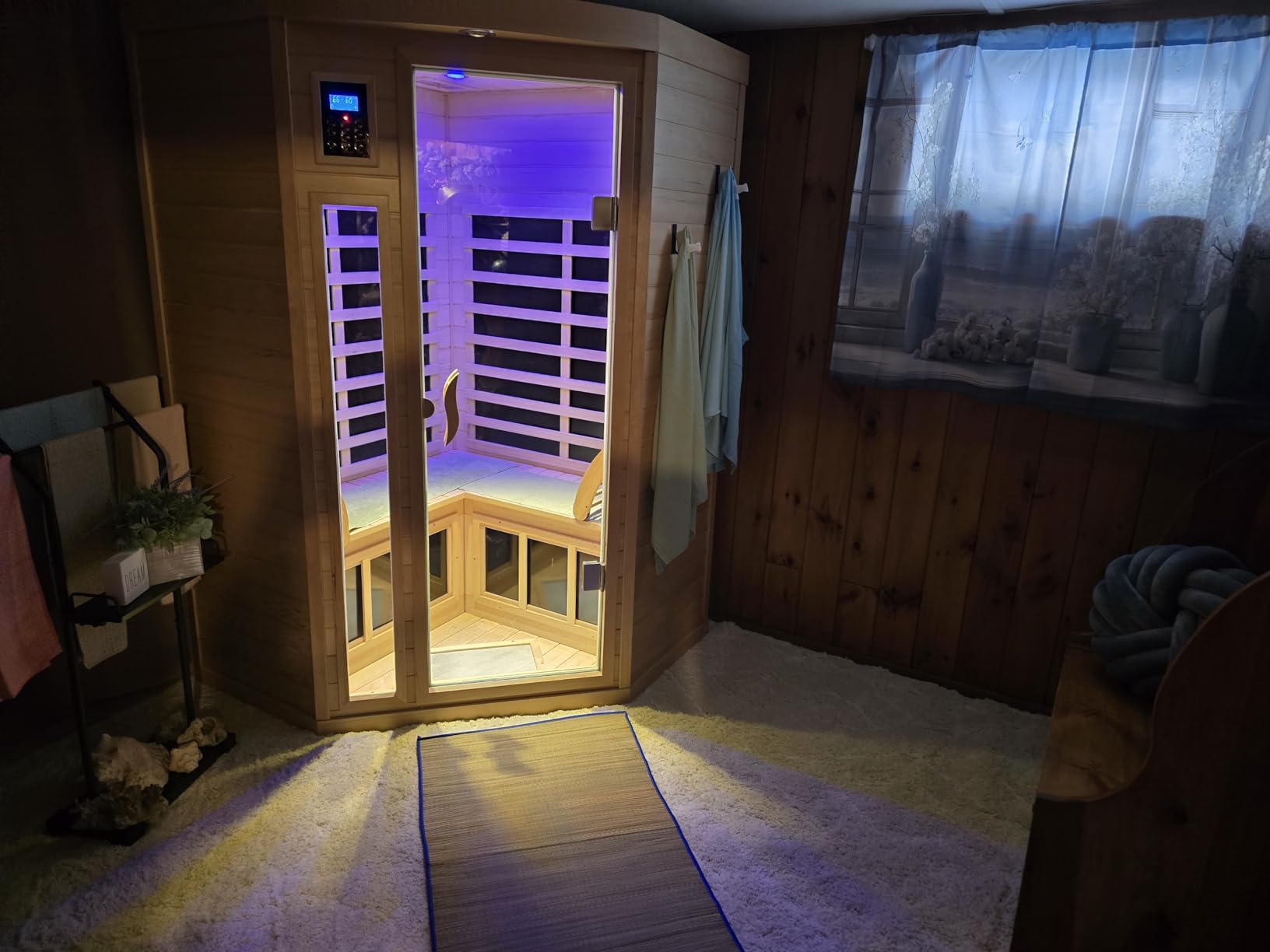 Far Infrared Wooden Sauna Room, 2-3 Person Home Sauna Canadian Hemlock Indoor Corner Sauna Spa, 2 Bluetooth Speakers, 2 LED Reading Lamp, 3 Chromotherapy Lights customer photo 2