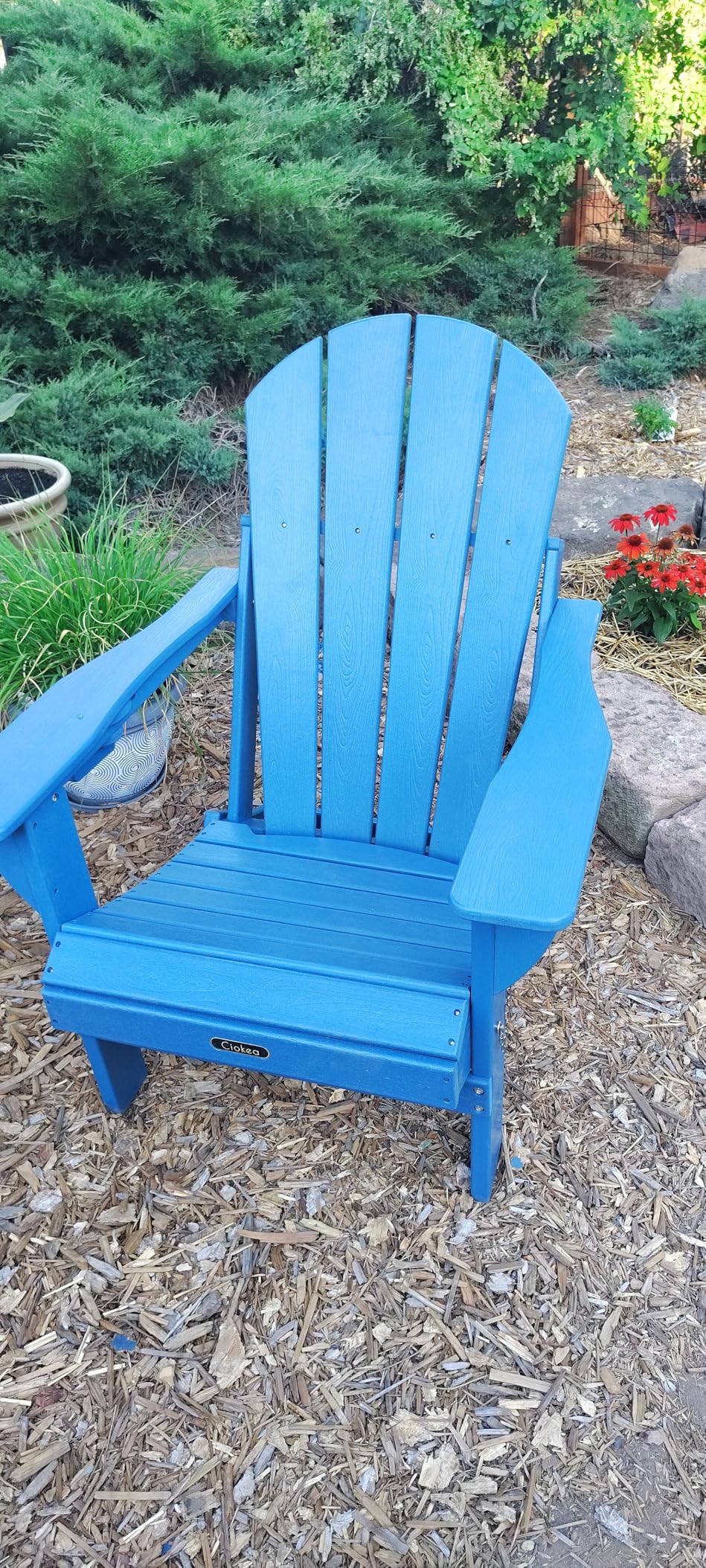 Ciokea Folding Adirondack Chair Wood Texture, Patio Adirondack Chair Weather Resistant, Plastic Fire Pit Chair with Cup Holder, Lawn Chair for Outdoor Porch Garden Backyard Deck (Teak) customer photo 2