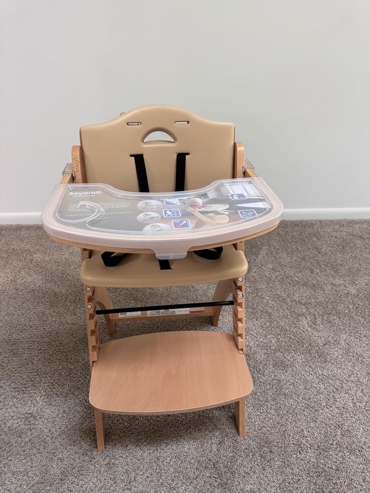 Abiie Beyond Junior Wooden High Chair for Babies and Toddlers - Convertible 3-in-1 Baby Highchair with Removable Tray - 6 Months to 250 Lb - Water Resistant - Natural Wood/Dove Grey Cushion customer photo 2