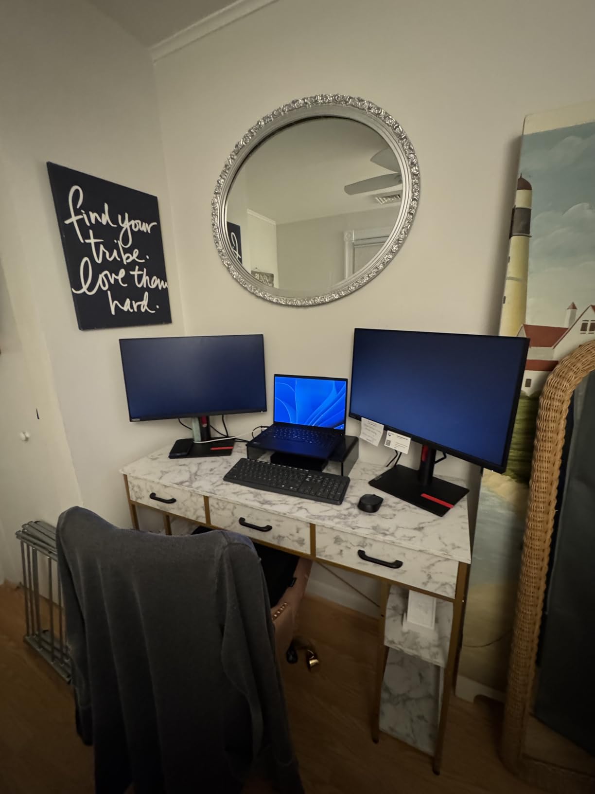ODK Office Small Computer Desk: Home Table with Fabric Drawers and Storage Shelves, Modern Writing Desk, White, 48x16 Inch customer photo 1