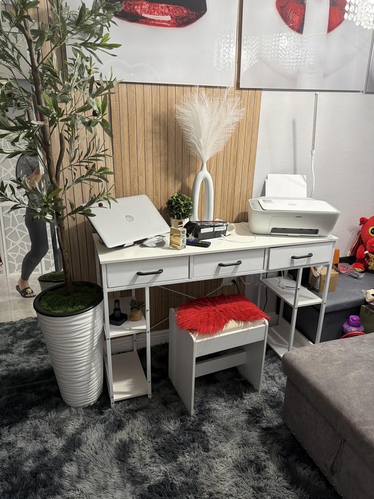 ODK Office Small Computer Desk: Home Table with Fabric Drawers and Storage Shelves, Modern Writing Desk, White, 48x16 Inch customer photo 2