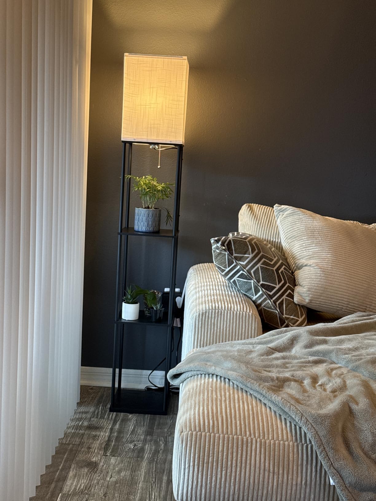 Floor Lamp with Shelves for Living Room, Shelf Floor Lamp with 3 CCT LED Bulb, Corner Display Standing Column Lamp Etagere Organizer Tower Nightstand with White Linen Shade for Bedroom, Office customer photo 1