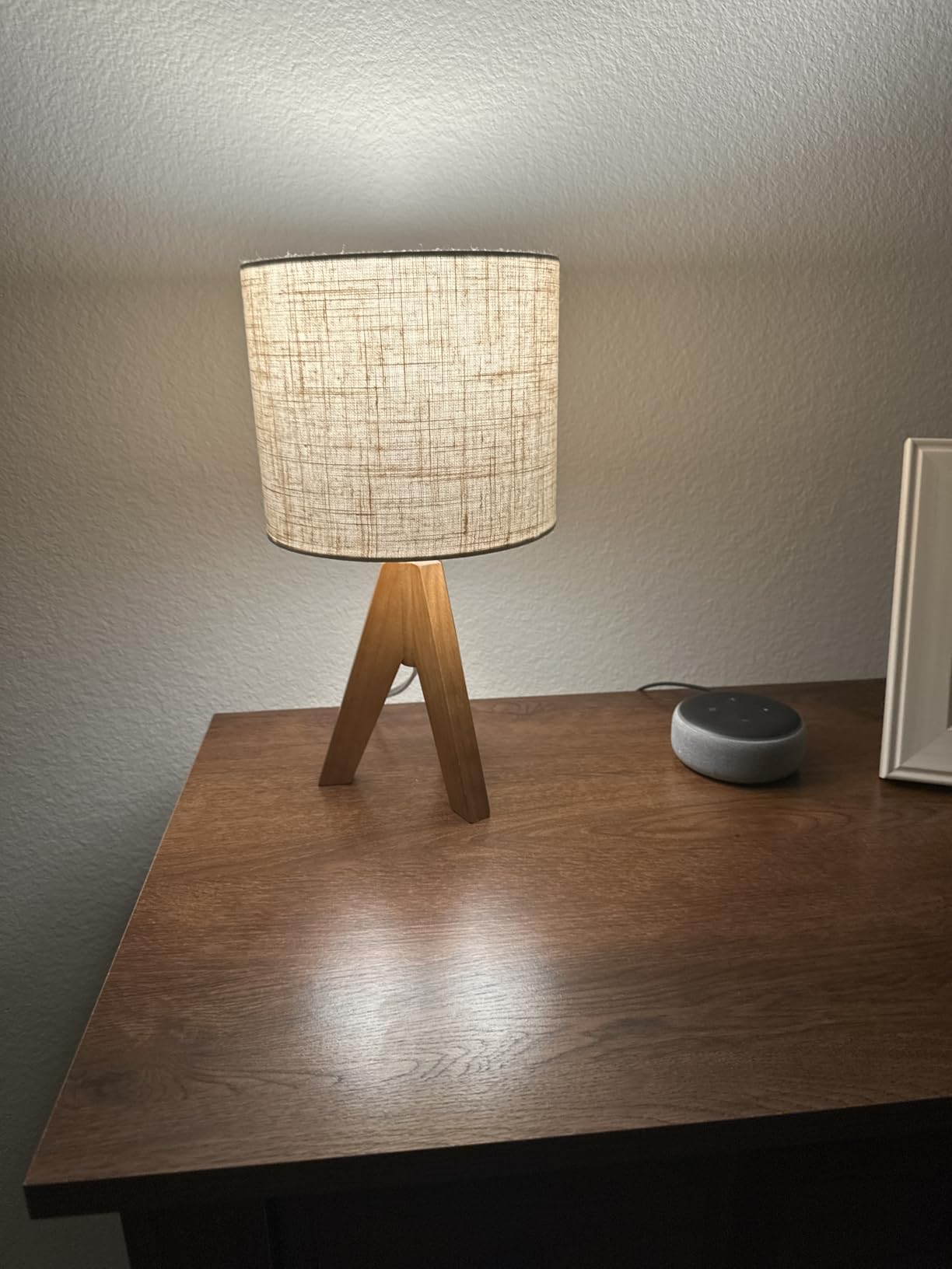 EDISHINE Tripod Table Lamp, Small Cute Bedside Lamp with Linen Beige Lampshade, Nightstand Lamp for Nursery, Bedroom, Kid Room, Living Room, Light Brown Wooden Base, E26 Socket, 14.2 Inch customer photo 1