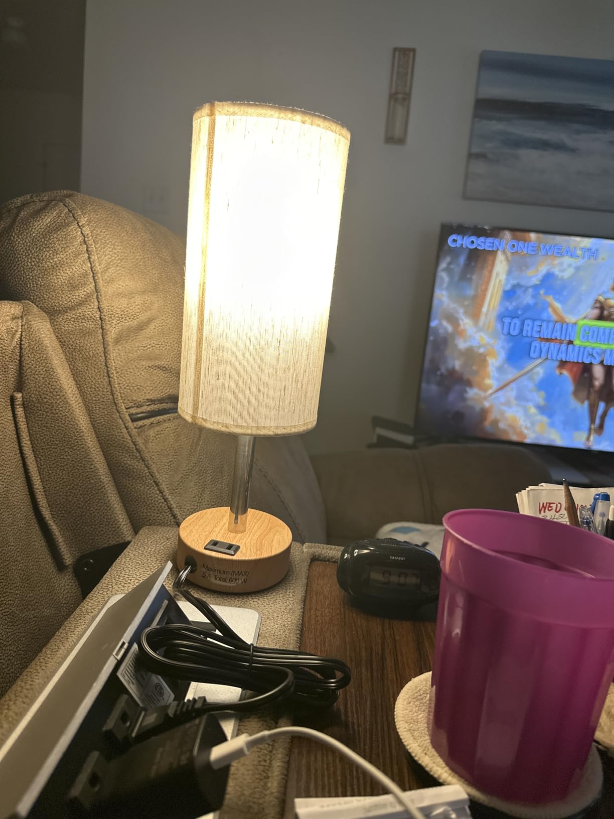 Fenmzee Bedside Table Lamp for Bedroom - 3 Way Dimmable Touch Lamp USB C Charging Ports and AC Outlet, Small Lamp Wood Base Round Flaxen Fabric Shade for Living Room, Desk, LED Bulb Included customer photo 2