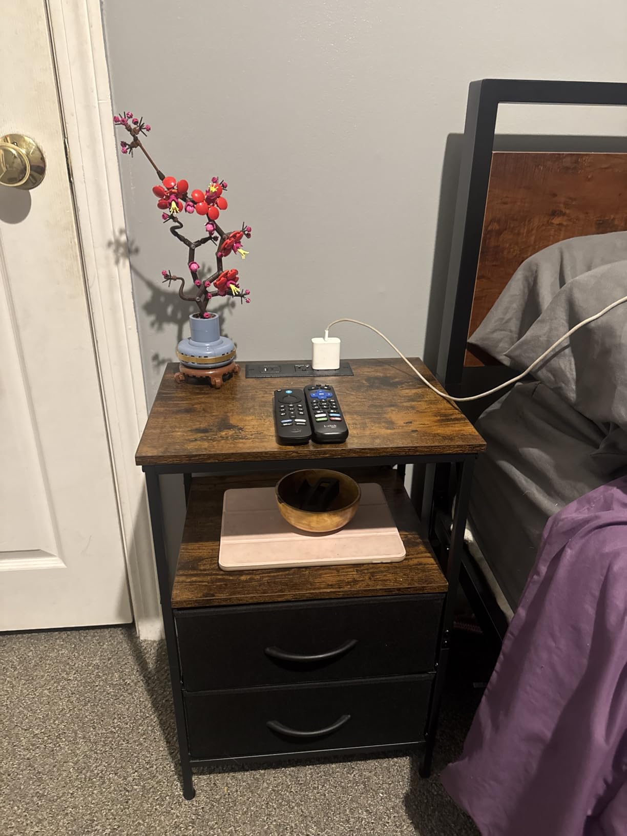 Huuger Nightstand with Charging Station, Side Table with Fabric Drawers, End Table with Open Shelf, Bedside Table with USB Ports and Outlets, Night Stand for Bedroom, Rustic Brown and Black customer photo 2