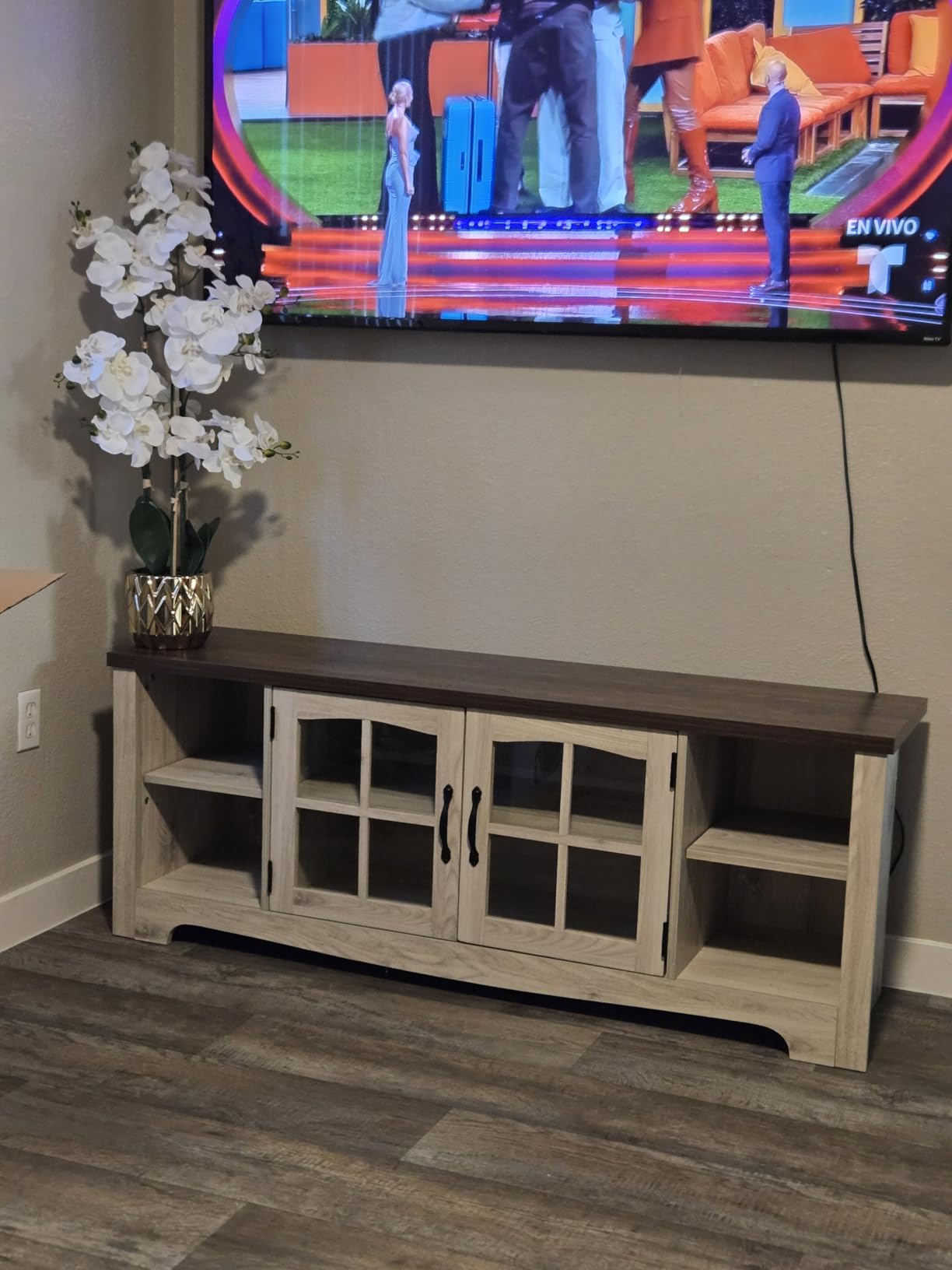 LINSY HOME Farmhouse TV Stand for 65 Inch TV, Wood Entertainment Center with Glass Door Storage Cabinet & Adjustable Shelves, Large Sturdy TV Console Table for Living Room Bedroom customer photo 2