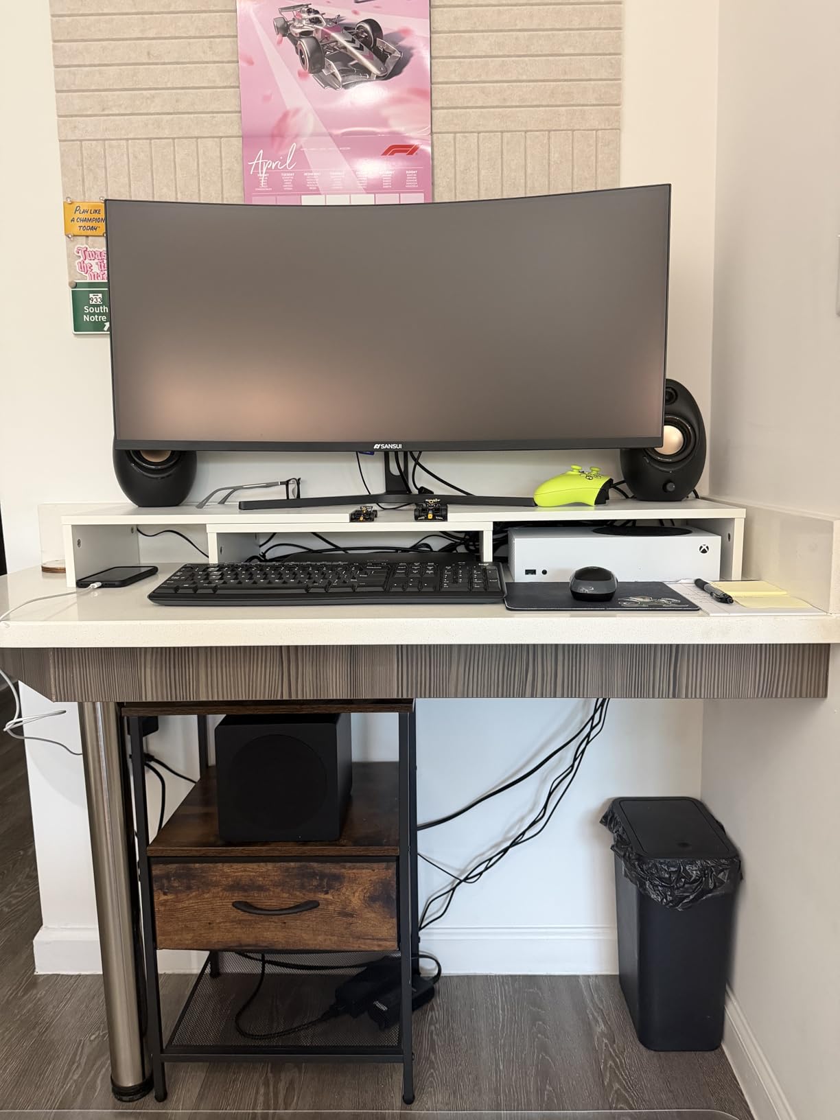 BONTEC Dual Monitor Stand Riser with Smartphone Holder, Adjustable Length & Swivel Angle, Ergonomic Wooden Desktop Organizer for PC Monitor, Laptop, Printer, Large Storage customer photo 1