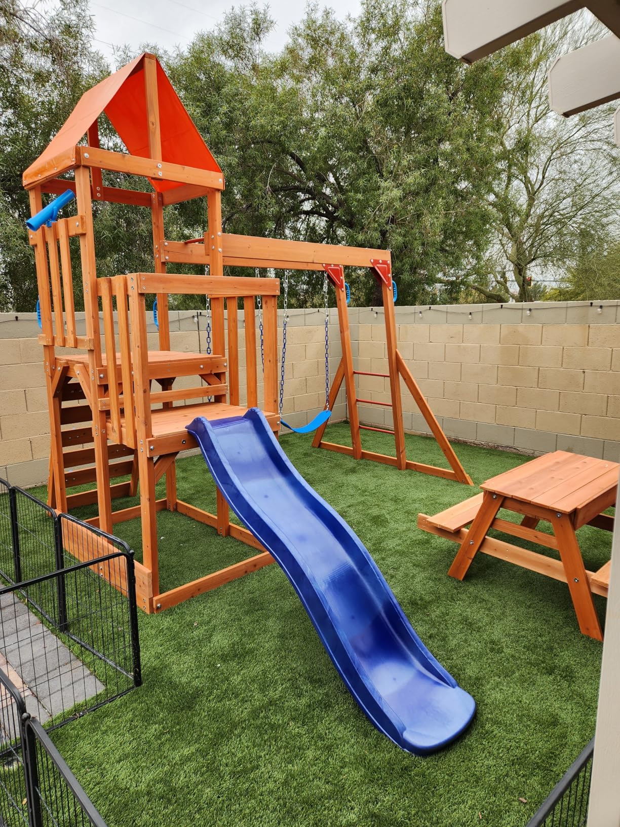 Dolphin Playground Cedar Wooden Swing Sets, Outdoor Playset with Monkey Bar, Heavy Duty Backyard Playset for Kids 3-10, 2-in-1 Picnic Table, 6FT Wave Slide, Climbing Wall, Belt Swings customer photo 2