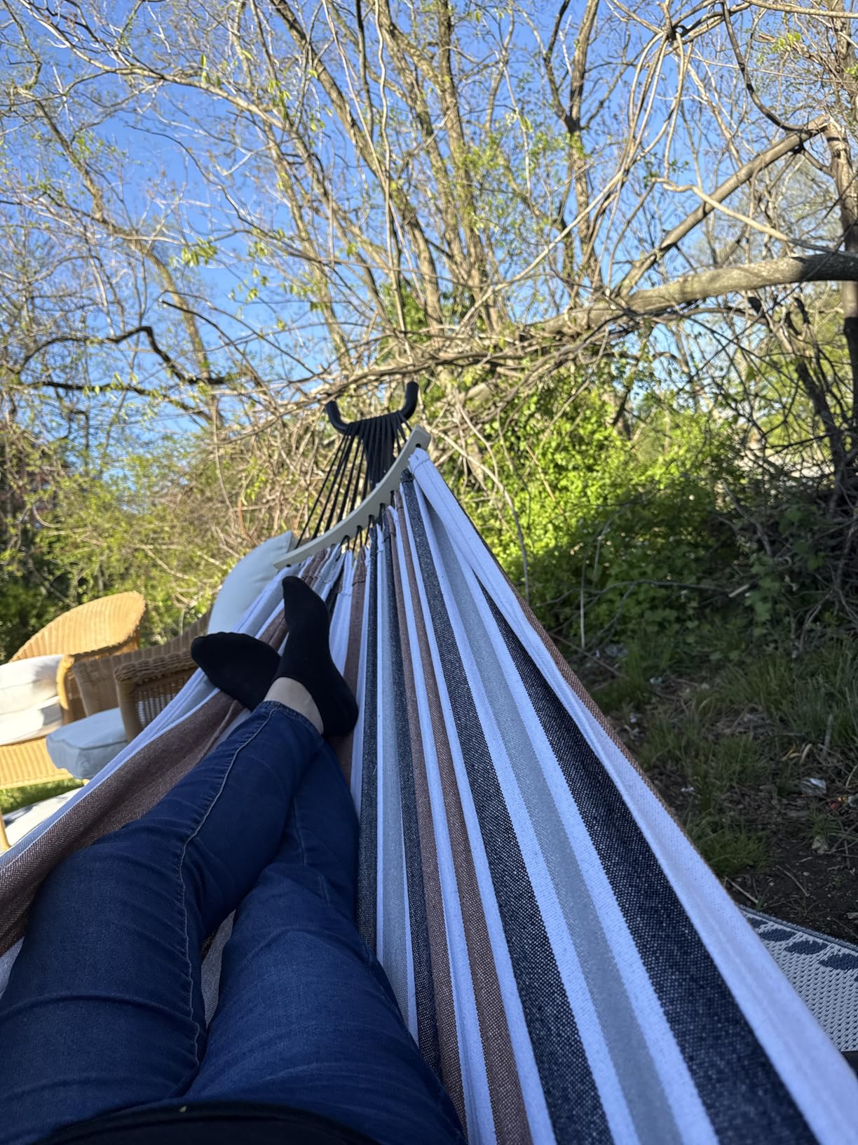 SZHLUX Double Hammock with Stand Included 450lb Capacity Steel Stand, Premium Carry Bag Included and Two Anti Roll Balance Beam, Portable Hammock with Stand for Backyard, Camping, Garden Brown Stripes customer photo 2