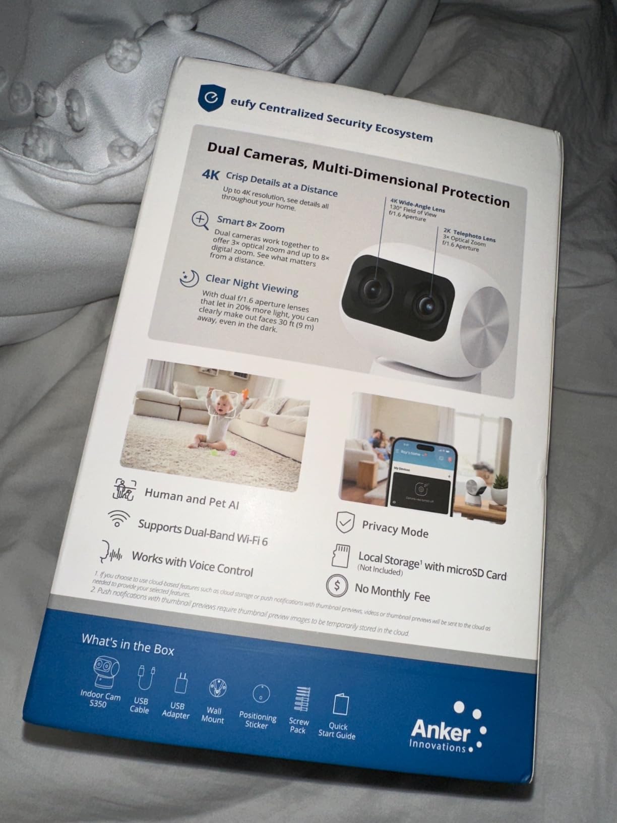eufy Security 4K Indoor Cam S350, No Subscription, Dual Cameras, 8× Zoom, 360° Coverage, Works as a Pet Camera, Nanny/Senior/Baby Monitor, AI Auto-Tracking, Human/Pet/Cry Detection, 2.4/5 GHz Wi-Fi customer photo 2