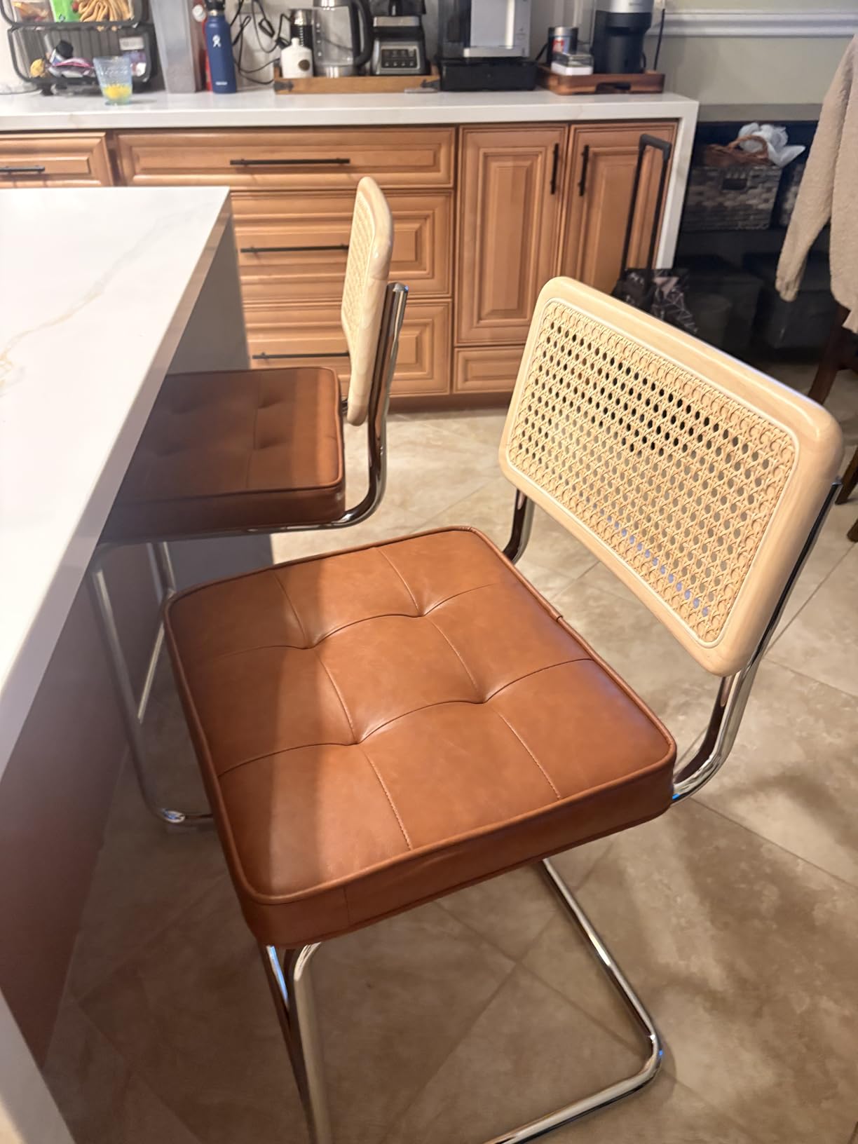 Zesthouse Natural Rattan Bar Stools Set of 2, 26'' Modern Boho Counter Height Barstools with Solid Wood Back, Mid Century Counter Stools with Velvet Cushion, Cane Back Island Chairs for Kitchen, Green customer photo 2