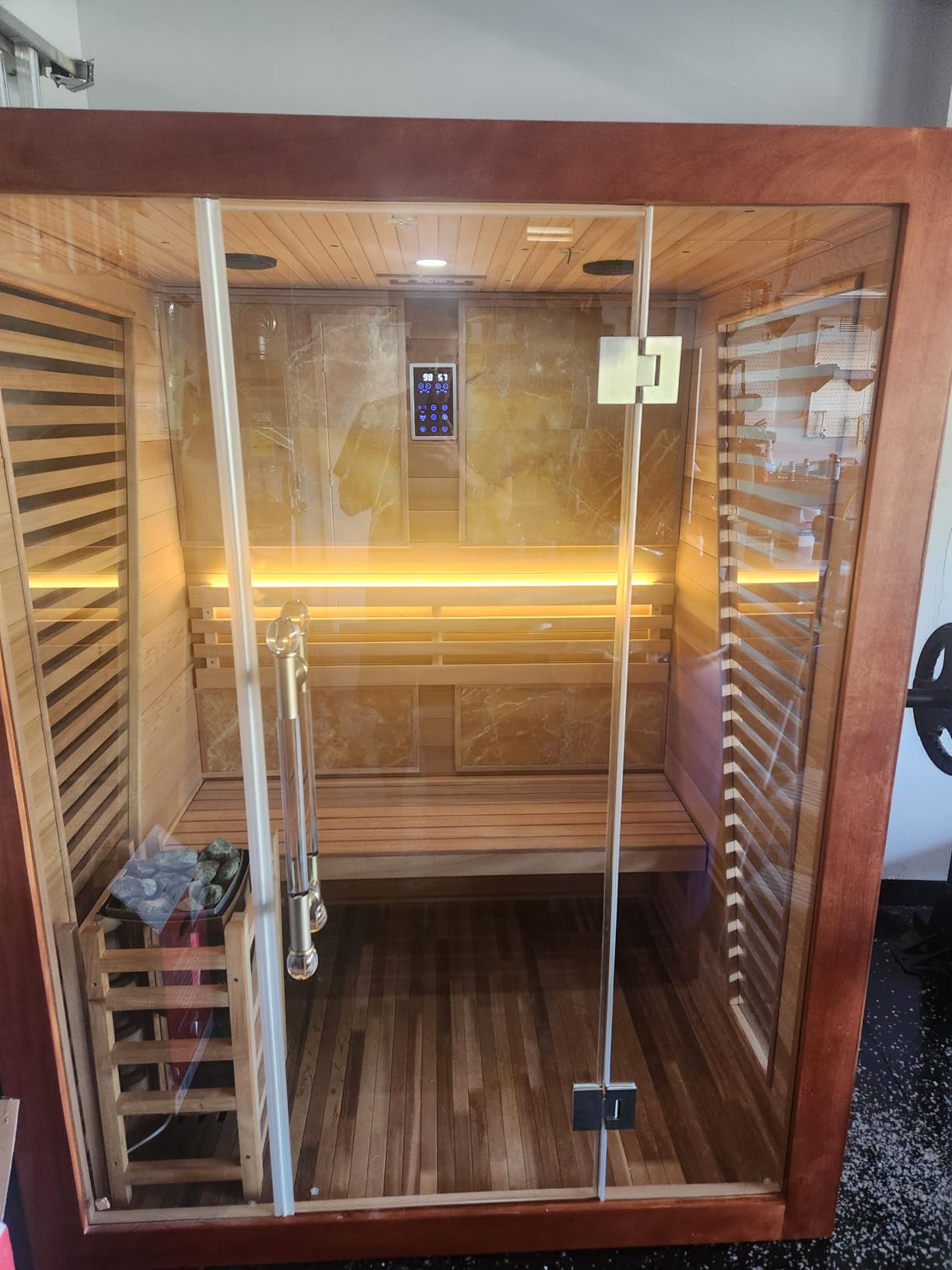 Smartmak 3 Person Traditional Steam Sauna, Luxurious Canadian Hemlock Wood Indoor Spa Room, 3.5kw Harvia Stove with Volcanic Rocks, Bluetooth Music Speakers, Light, Wooden Bucket, Scoop customer photo 2