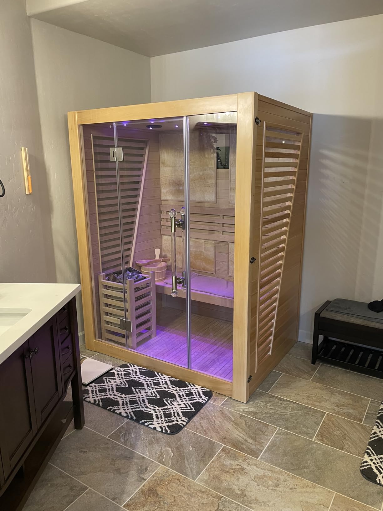 ZONEMEL Traditional Wooden Steam Sauna Room, 2 Person Canadian Hemlock Luxurious Indoor Sauna with 3.5 KW Harvia Stove Heater, Bluetooth Speaker, Sauna Stone, Wooden Bucket, Scoop, Reading Light, 220V customer photo 1