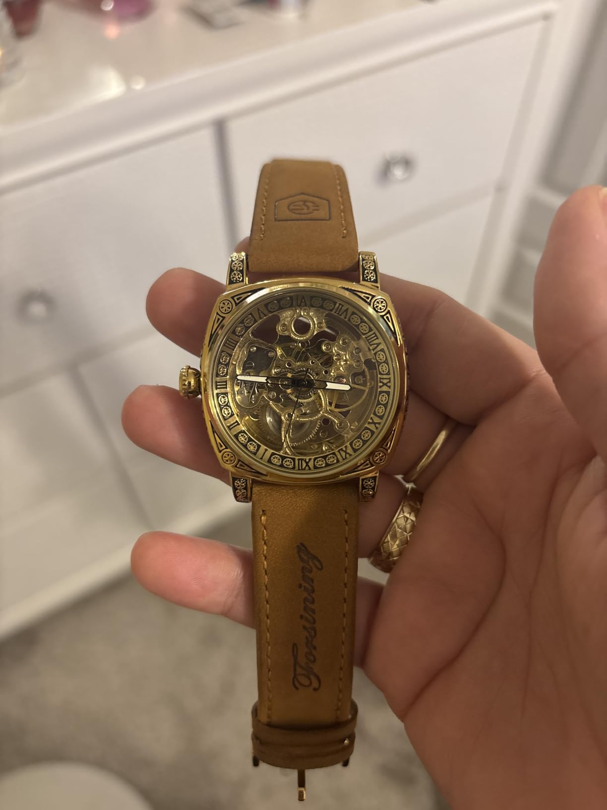 FORSINING Watches for Man, Square Retro Mechanical Watch Self-Wind Carved, Skeleton Automatic Watches Vintage Leather Strap Wristwatch customer photo 2