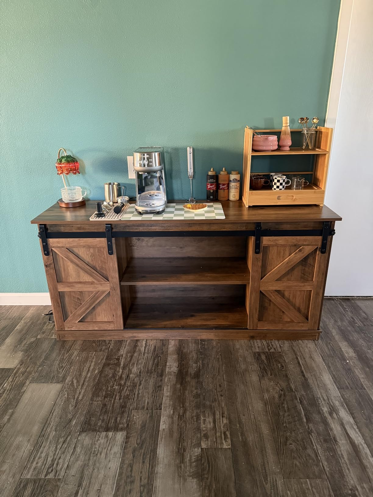 Shahoo Farmhouse Sideboard Buffet Cabinet, Coffee Bar Storage with Sliding Barn Doors, Shelf for Home Dining Room, White customer photo 1