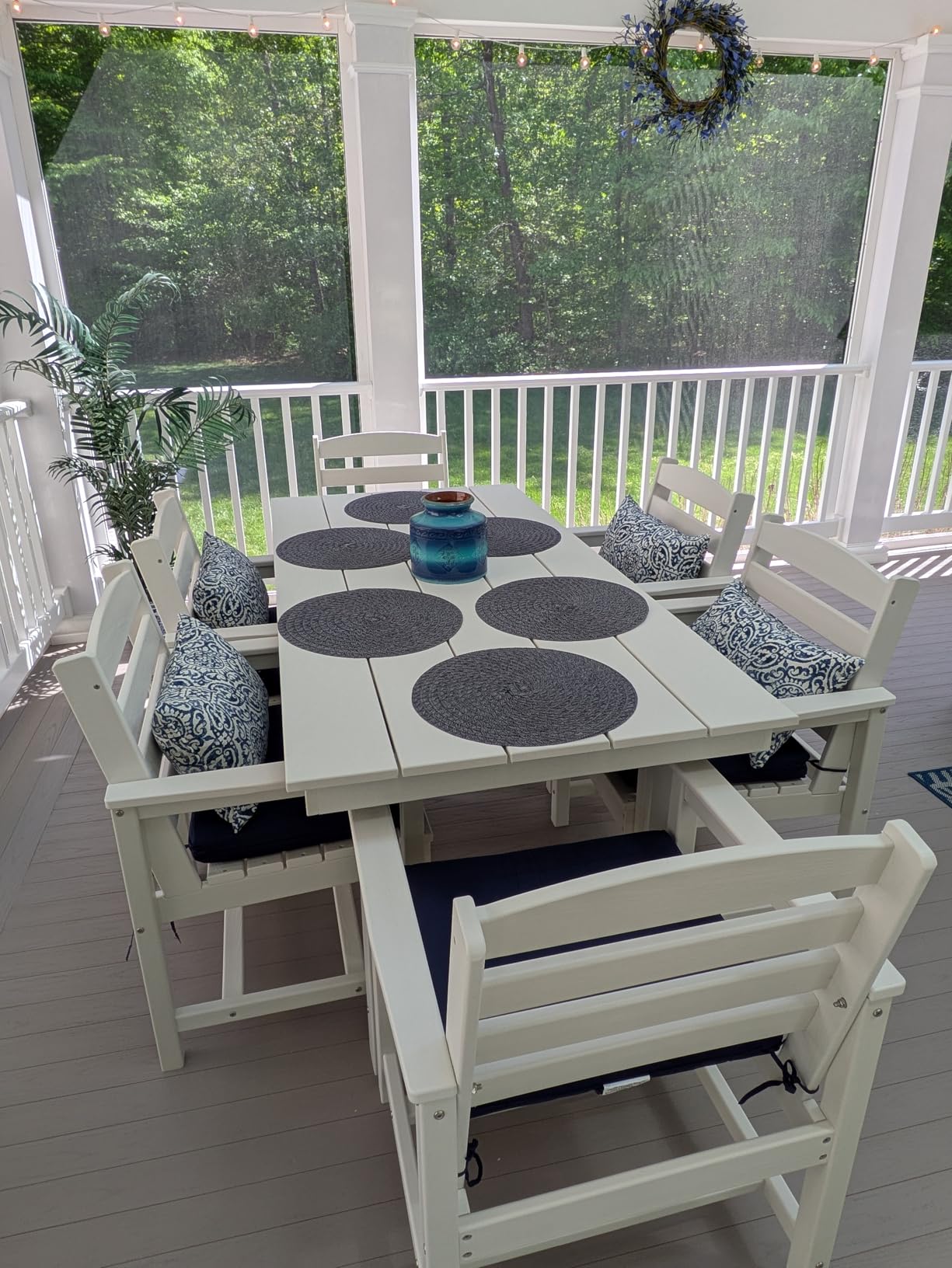 SERWALL 7-Piece Patio Dining Table Sets, Outdoor HDPE Dining Furniture Set with Umbrella Hole Cut-Out Table and 6 Chairs, Blue customer photo 1