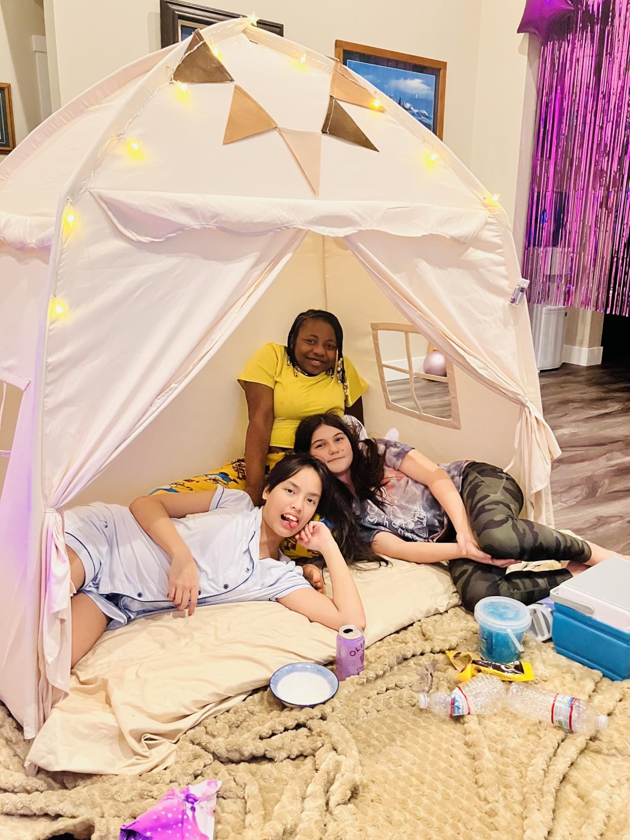 Little Dove Extra Large Kids Play Tent with Flags & Star Lights, Portable & Foldable Teepee, Boys & Girls, Indoor Outdoor JoyHut Dome Tent Playhouse, 59x39x59 in, Cream customer photo 2