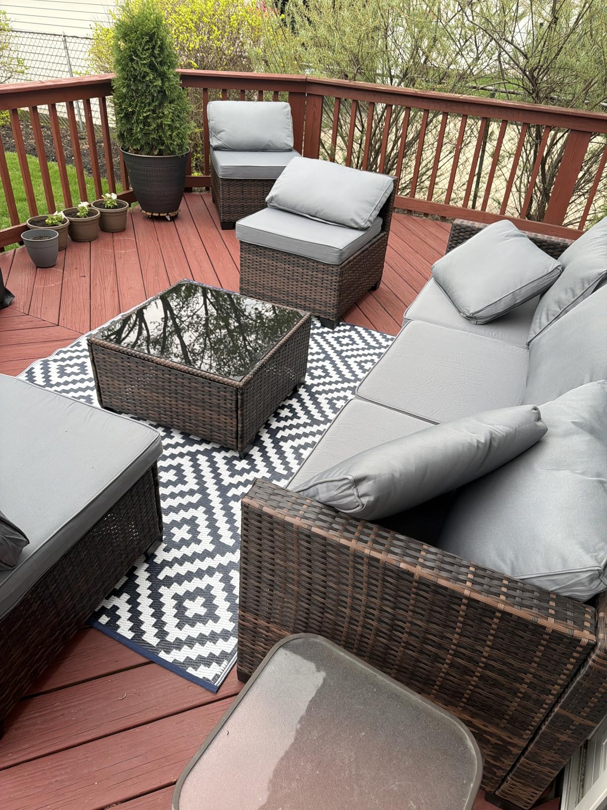 Qsun 7 Pieces Outdoor Patio Furniture Set, PE Rattan Outdoor Wicker Sectional Furniture Sofa Set, with Cushions and Glass Coffee Table, for Balcony, Porch, Garden, Grey customer photo 2