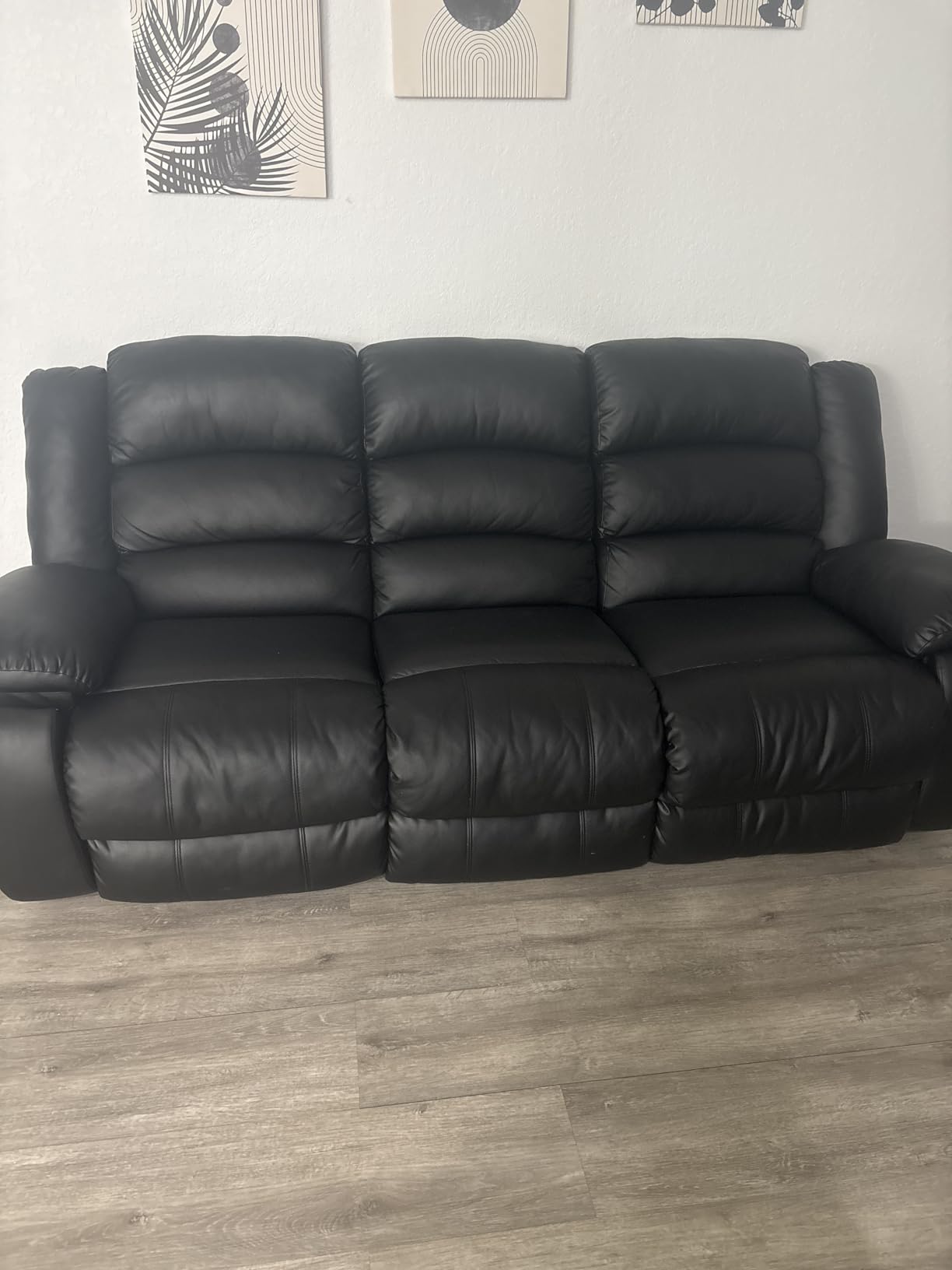 EBELLO Faux Leather Manual Reclining Sofa with 2 Concealed Cup Holders, Overstuffed Armrest 3 Seat Recliner Couch for Living Room, Bedroom, Meeting Room, Black customer photo 1