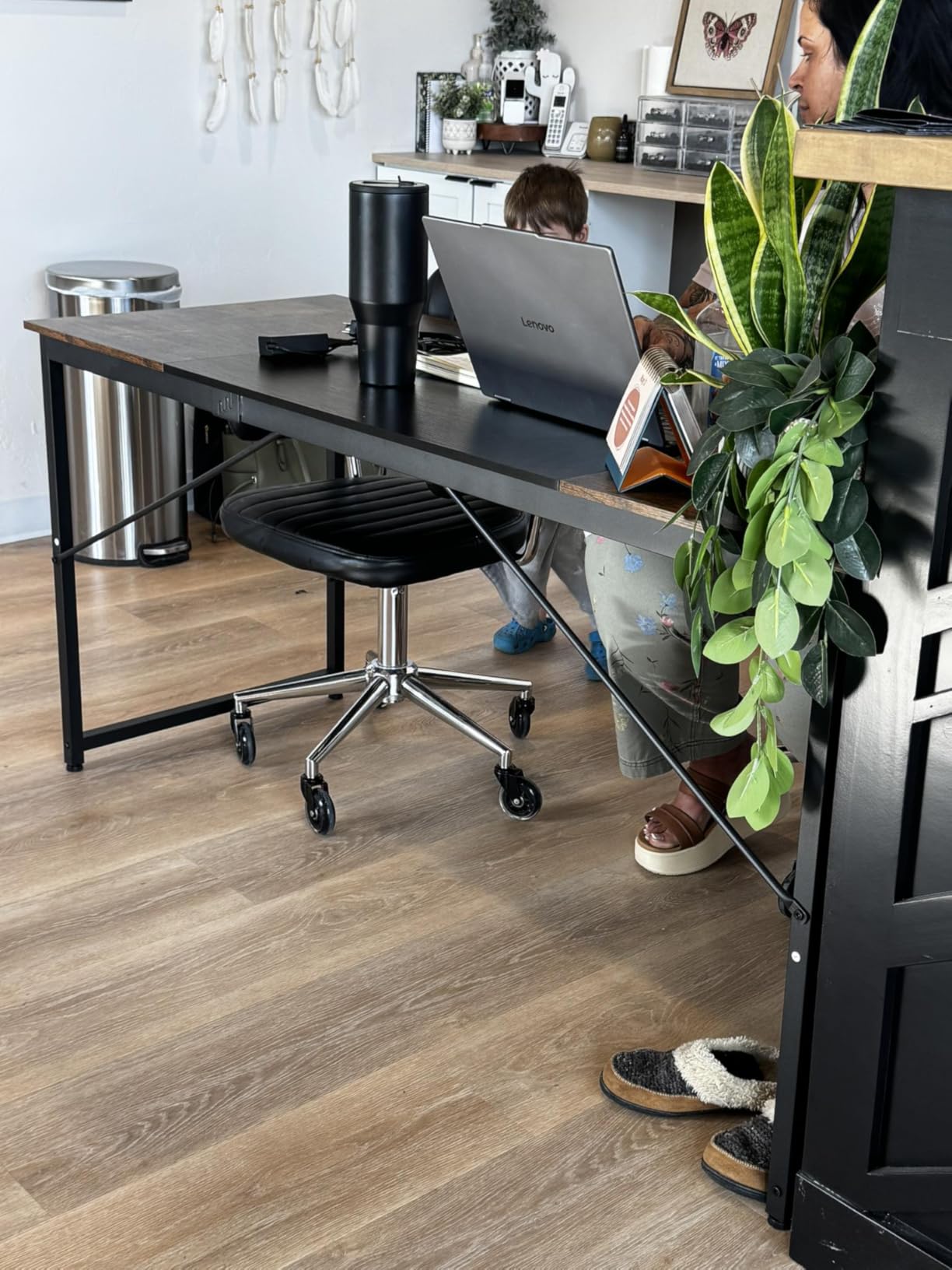 Huuger Computer Desk, 55 Inch Home Office Desk, Gaming Writing Work from Home Study Desk, Large Legroom, Sturdy Metal Frame, Modern Simple, Rustic Brown customer photo 1