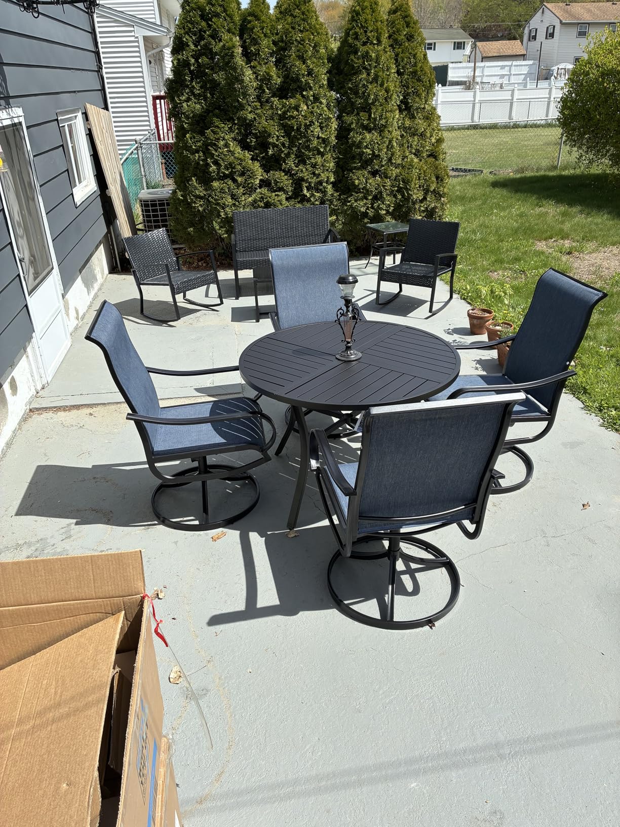 PHI VILLA 5 Piece Patio Dining Set with 4 Outdoor Swivel Dining Chairs & 1 Large Round Dining Table, All Weather Blue Textilene Mesh Fabric Chair and Round Metal Table for Deck Lawn Garden customer photo 1