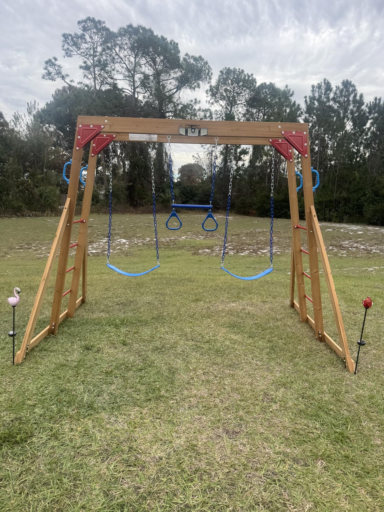 Dolphin Playground Wood Swing Sets for Backyard with Monkey Bar, Kids Outdoor Play Equipment, Outdoor Playset for Kids with Trapeze Swing Bar and 2 Belt Swings, Heavy Duty Playground Accessories customer photo 1