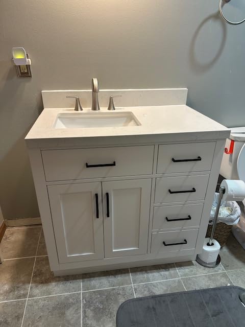 ARIEL Hepburn 36-inch Bathroom Vanity with Sink, Solid Wood, 1.5-inch Carrara White Quartz Countertop & Backsplash, Single Rectangular Porcelain Sink, 2 Soft Closing Doors, 5 Dovetail Drawers, White customer photo 1