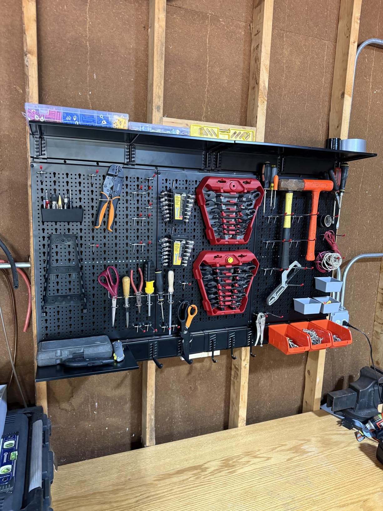 WALMANN 113 PCS Pegboard Wall Organizer Kit with Pegboard Hooks, Bins, Shelves, Pegboard Tools Storage System for Garage, Workbench, Modular Peg Board Tool Organizer Board with Hooks(Black) customer photo 2