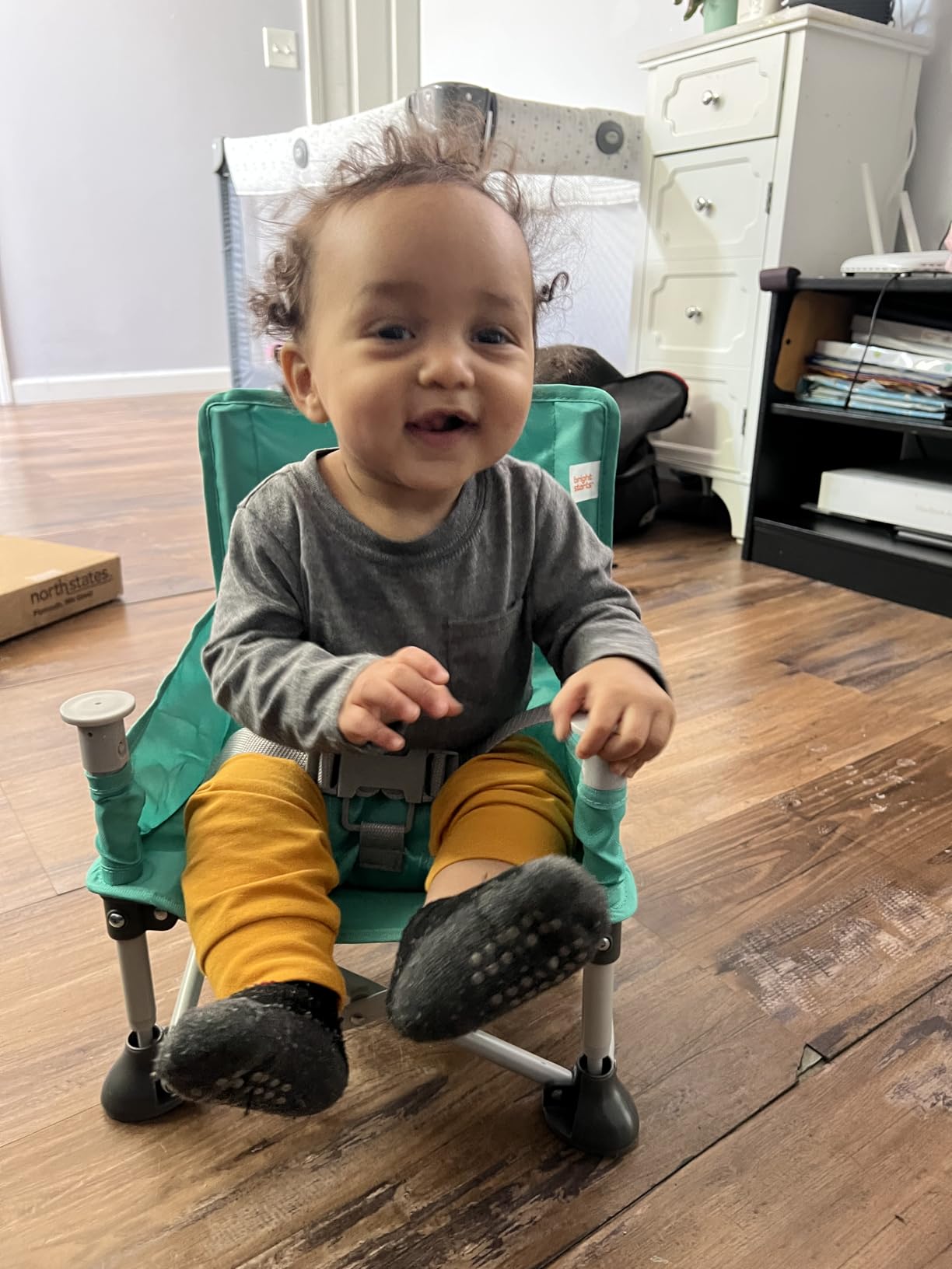 Bright Starts Pop 'N Sit Portable Booster Seat, 3-in-1 Floor Seat, Travel High Chair & Toddler Booster with Feeding Tray, Indoor/Outdoor, Grey, 6 Months-3 Years customer photo 1