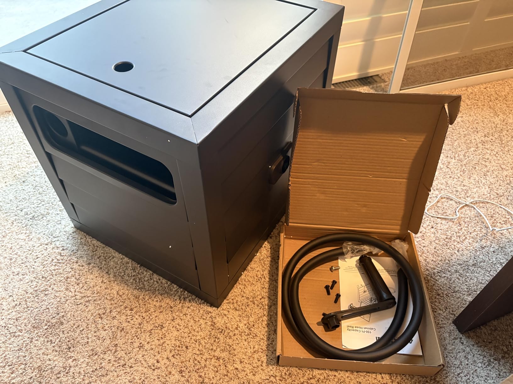 AQUAZILLA Metal Garden Hose Reel Deck box, Durable Steel Garden Hose Storage Box Cabinet, 150ft 5/8
