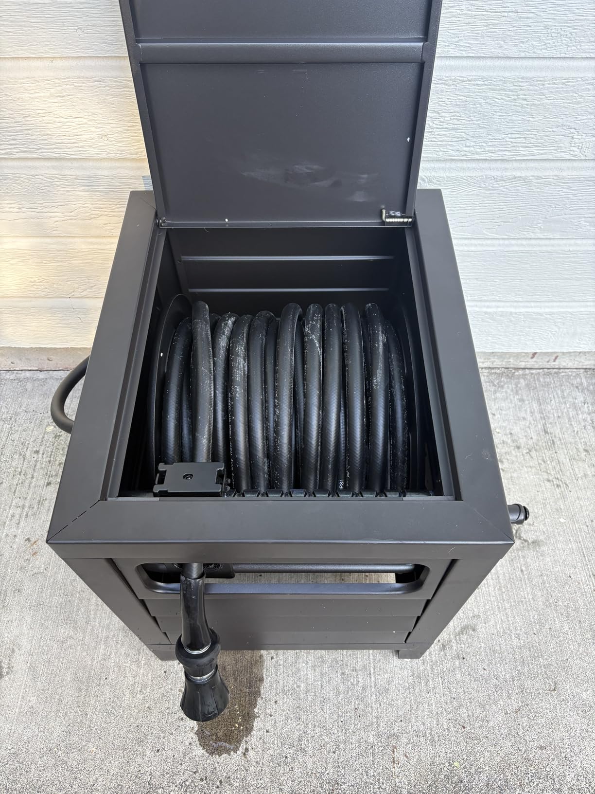 AQUAZILLA Metal Garden Hose Reel Deck box, Durable Steel Garden Hose Storage Box Cabinet, 150ft 5/8