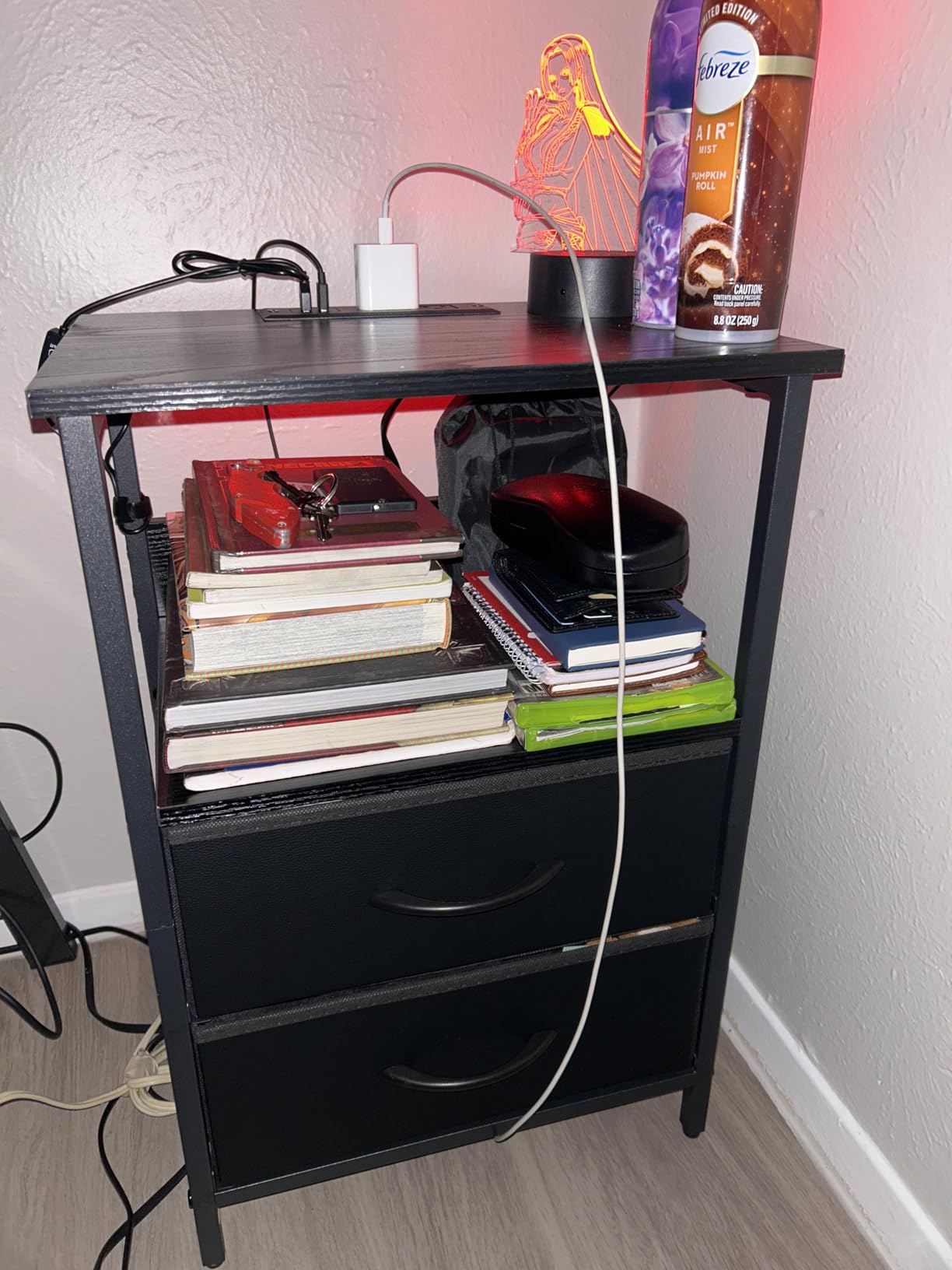 Fixwal Night Stand with Charging Station, LED Nightstand with U-S-B Ports and Outlets for Small Spaces, 2 Fabric Storage Drawers, Bedside Table End Tables Bedroom, Modern Black customer photo 1